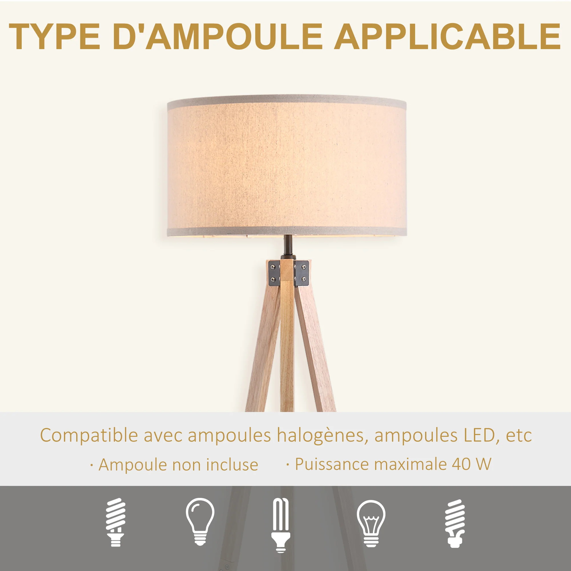 Lampadaire trépied style scandinave 40 W max. dim. 45L x 45l x 152H cm bois de pin lin beige - Image 8