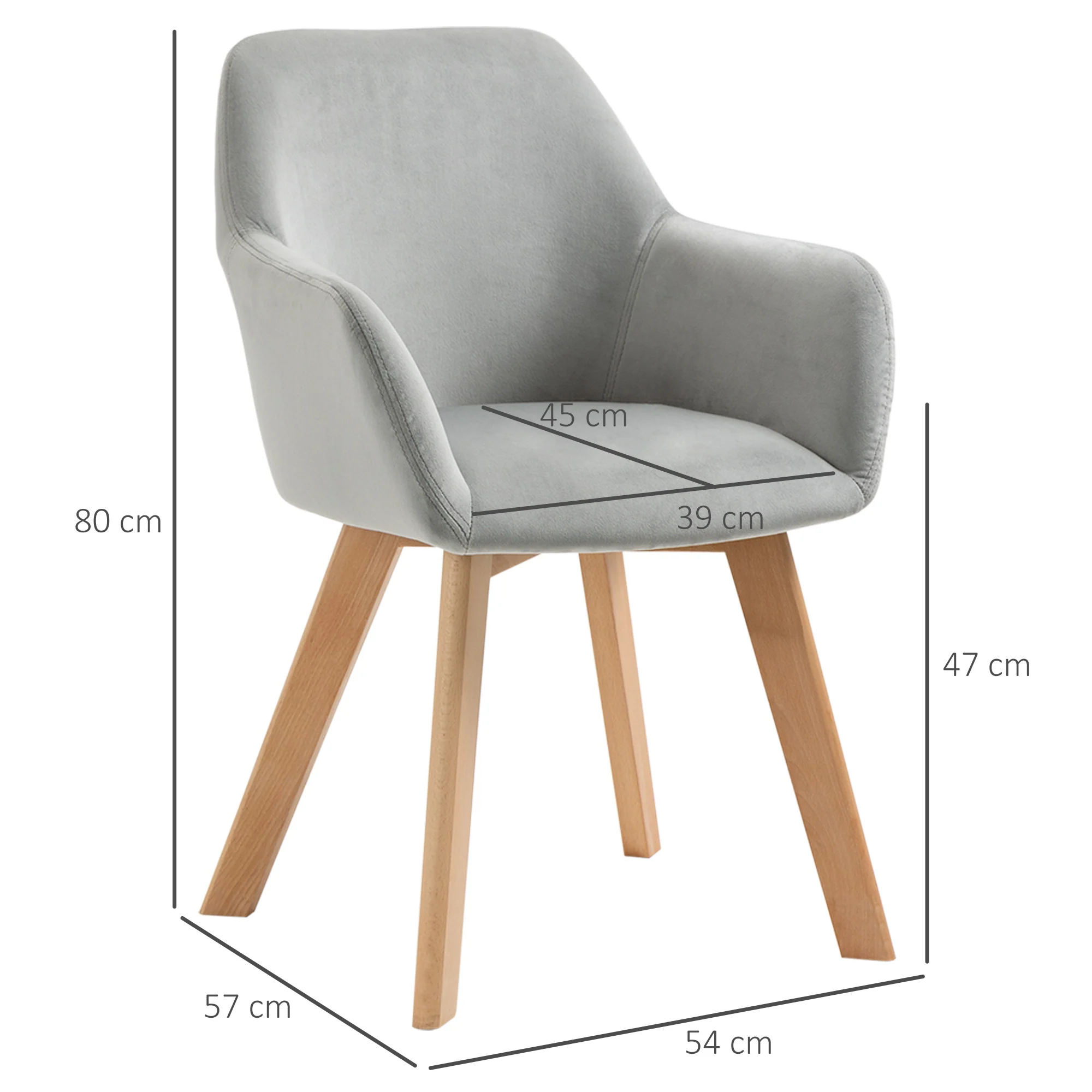 Lot de 2 chaises de salle à manger chaise de cuisine assise rembourrée en tissu effet velours pieds en bois pour cuisine salon chambre bureau, gris - Image 4