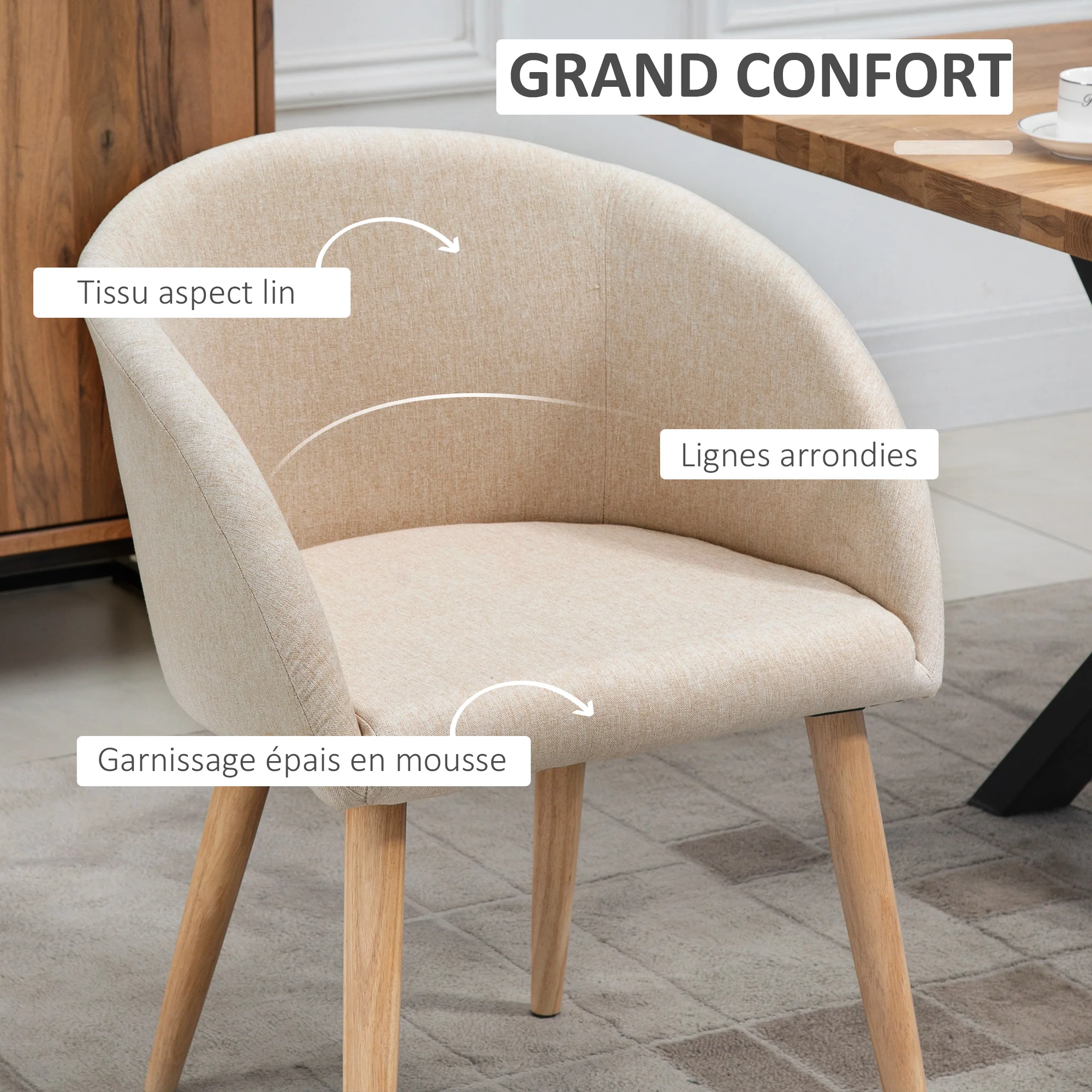 Lot de 2 chaises de salle à manger chaise de cuisine Design scandinave - Pieds inclinés effilés Bois Caoutchouc - Assise Dossier accoudoirs ergonomiques Aspect Lin Beige - Image 5