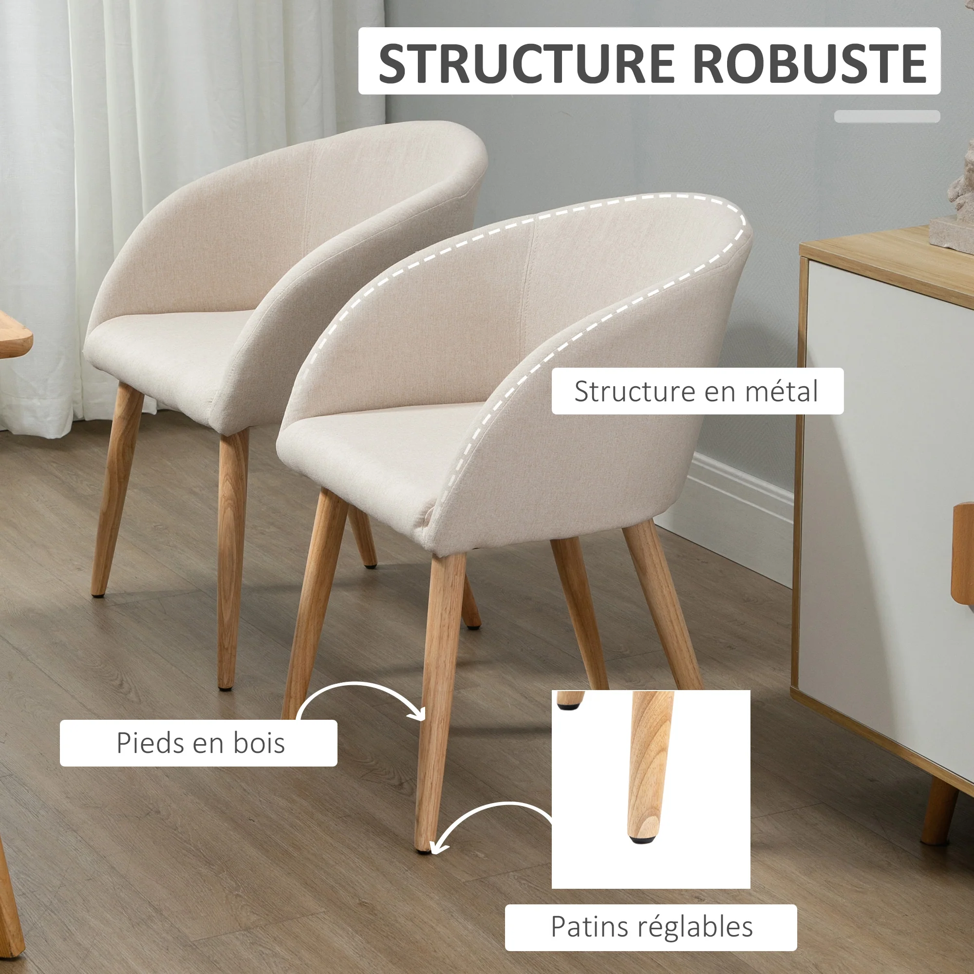 Lot de 2 chaises de salle à manger chaise de cuisine Design scandinave - Pieds inclinés effilés Bois Caoutchouc - Assise Dossier accoudoirs ergonomiques Aspect Lin Beige - Image 6