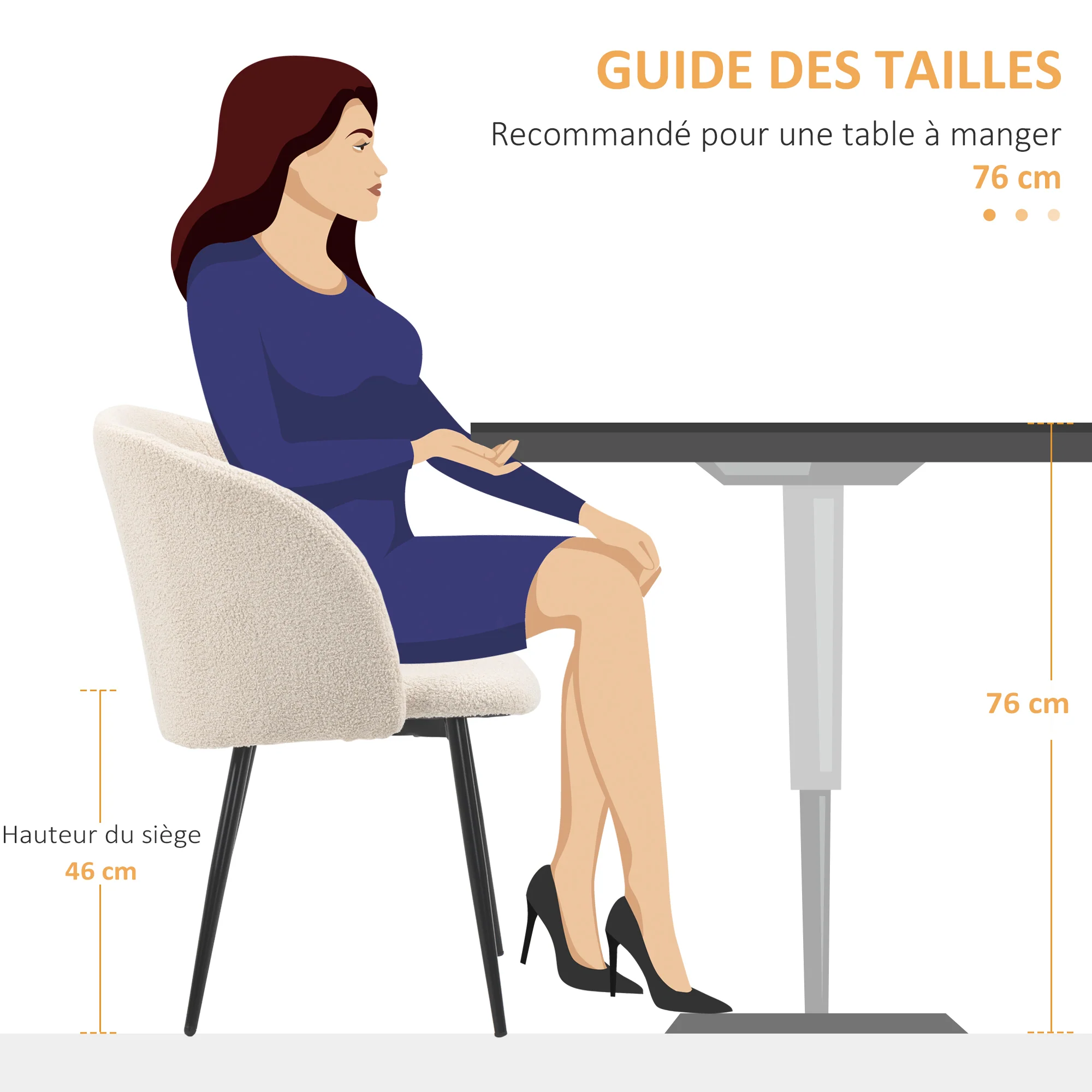 Lot de 2 chaises de salle à manger chaise de cuisine en tissu effet laine boucleé chaise de salon avec pieds en acier - 55 x 62 x 80 cm beige noir - Image 8