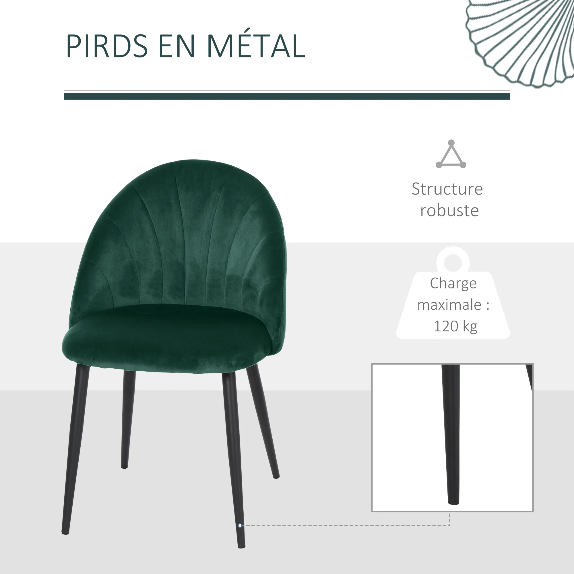 Lot de 2 chaises de Salle à Manger Chaise de Cuisine Velours Pieds métal vert dim. 52L x 54l x 79H cm - Image 7
