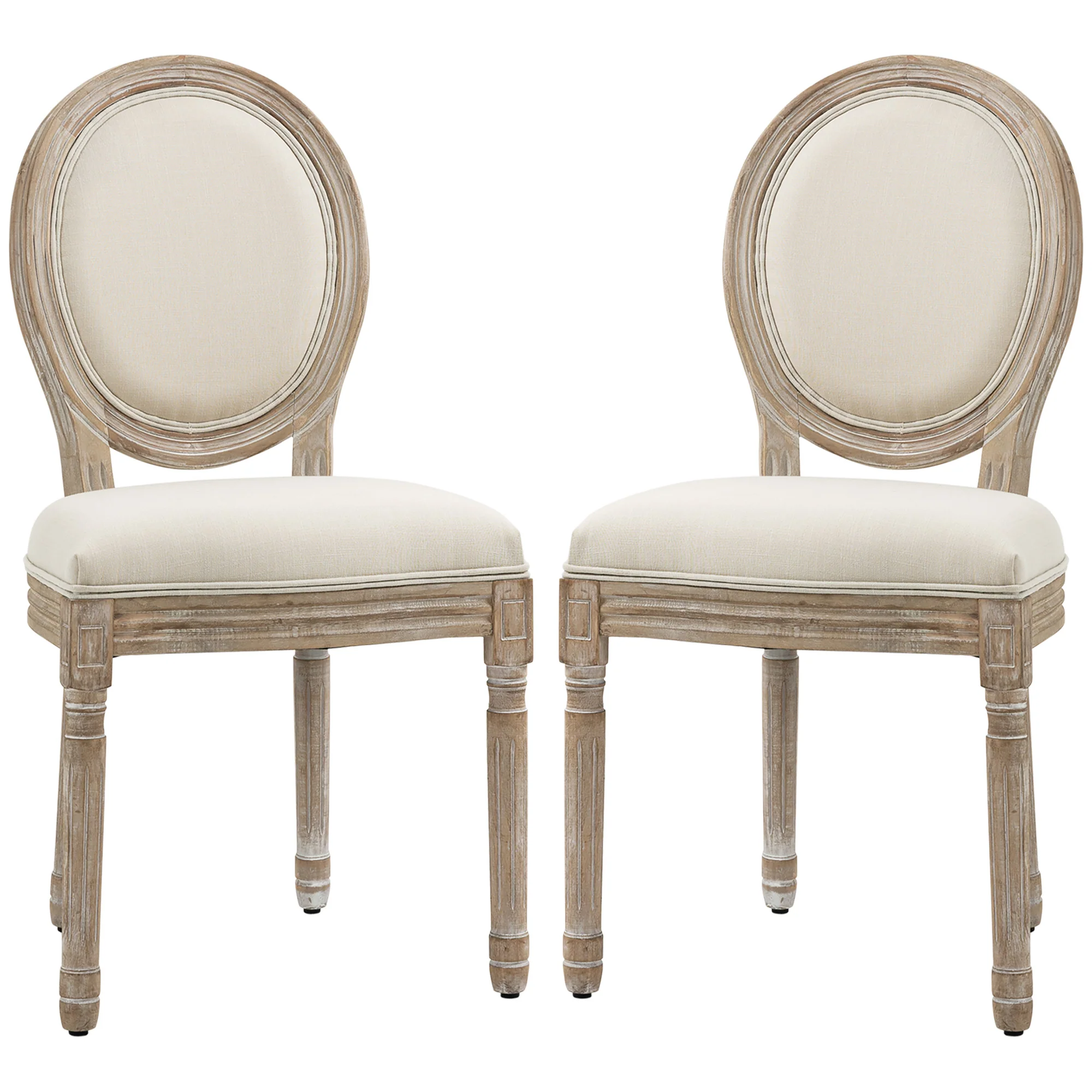 Lot de 2 chaises de Salle à Manger - Chaise de Salon médaillon Style Louis XVI - Bois Massif sculpté, patiné - Aspect Lin Beige