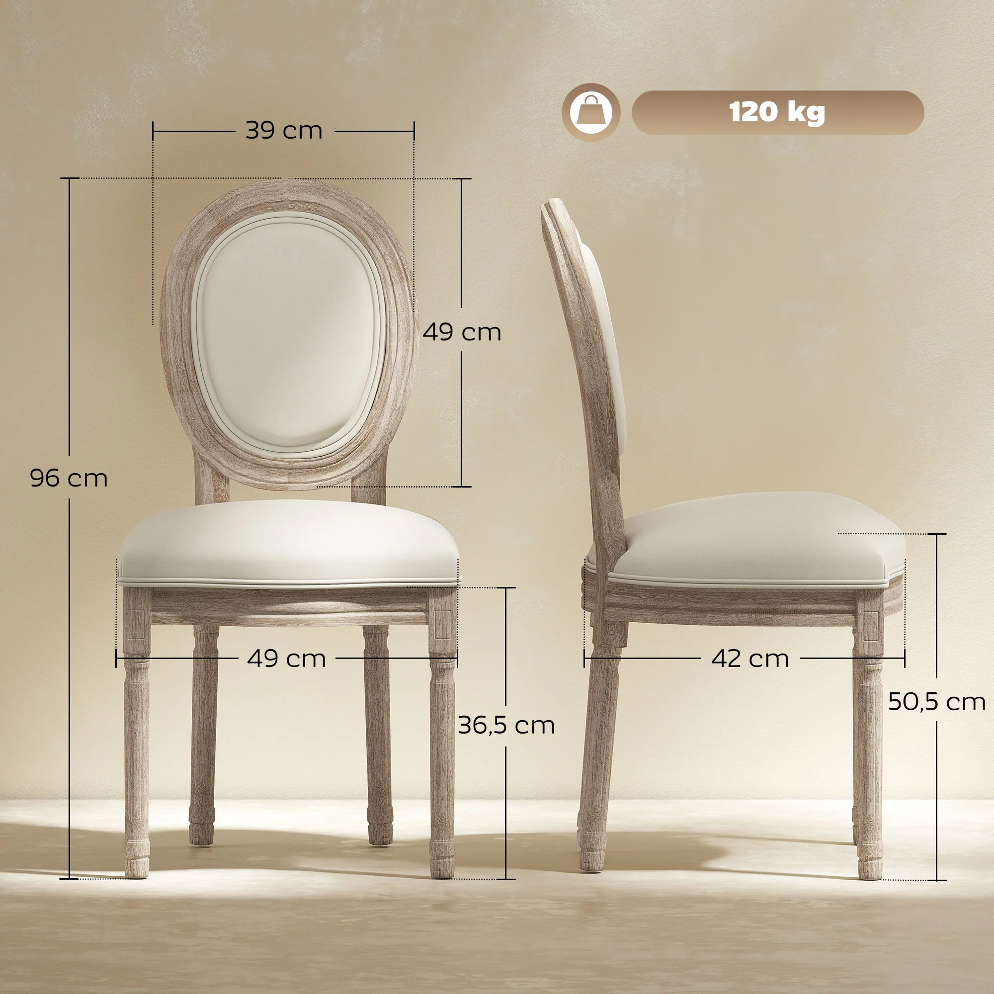Lot de 2 chaises de Salle à Manger - Chaise de Salon médaillon Style Louis XVI - Bois Massif sculpté, patiné - Aspect Lin Beige - Image 4