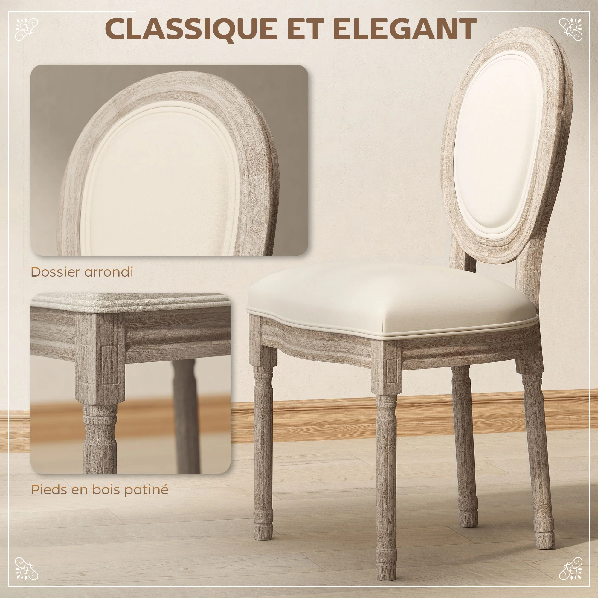 Lot de 2 chaises de Salle à Manger - Chaise de Salon médaillon Style Louis XVI - Bois Massif sculpté, patiné - Aspect Lin Beige - Image 5