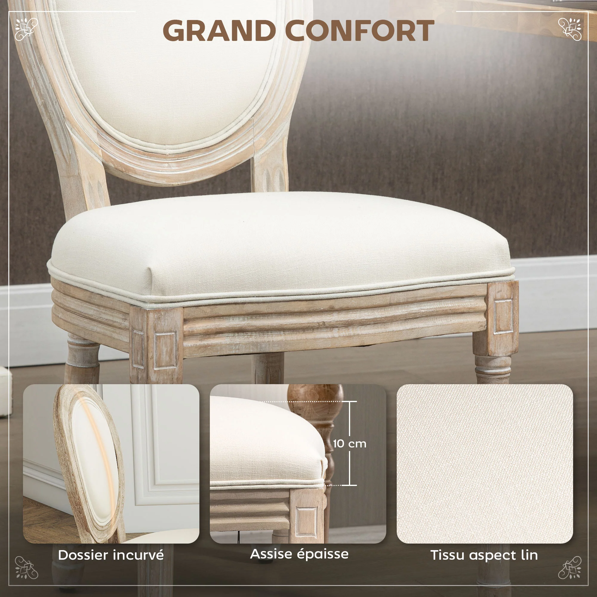 Lot de 2 chaises de Salle à Manger - Chaise de Salon médaillon Style Louis XVI - Bois Massif sculpté, patiné - Aspect Lin Beige - Image 6