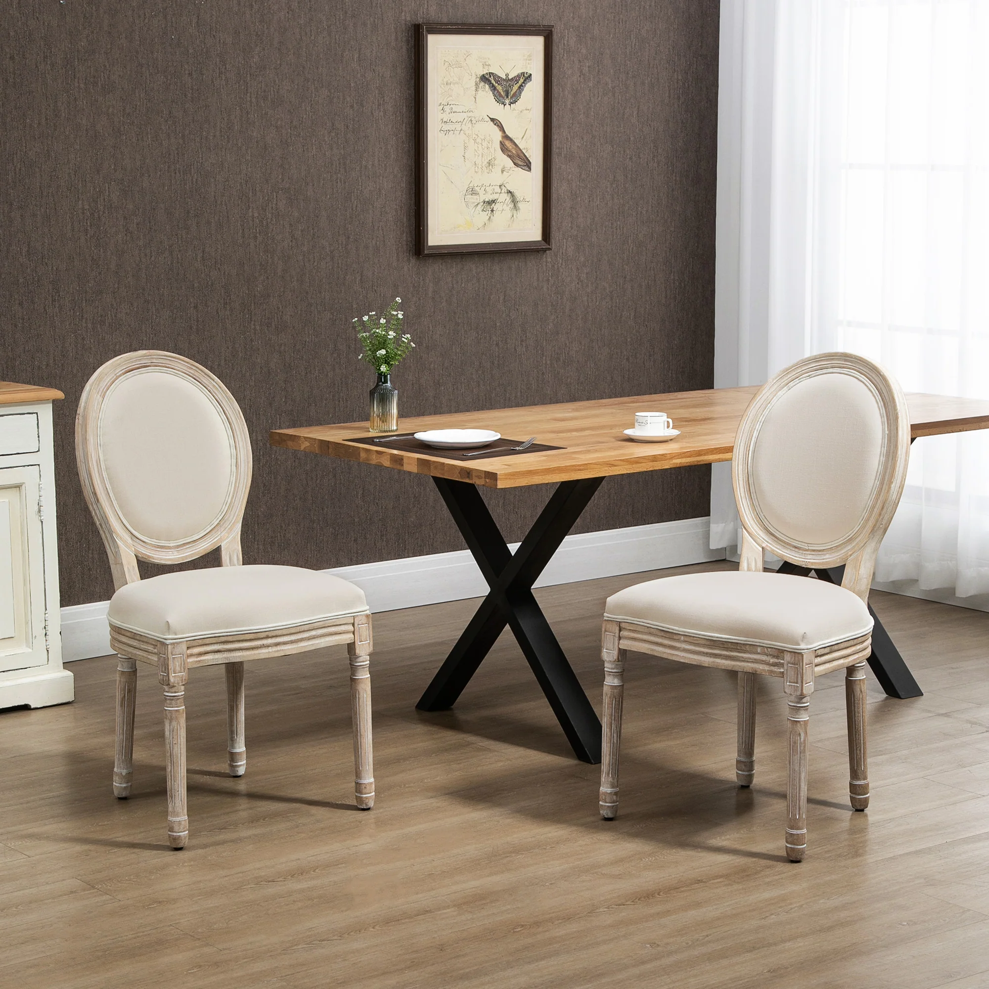 Lot de 2 chaises de Salle à Manger - Chaise de Salon médaillon Style Louis XVI - Bois Massif sculpté, patiné - Aspect Lin Beige - Image 7