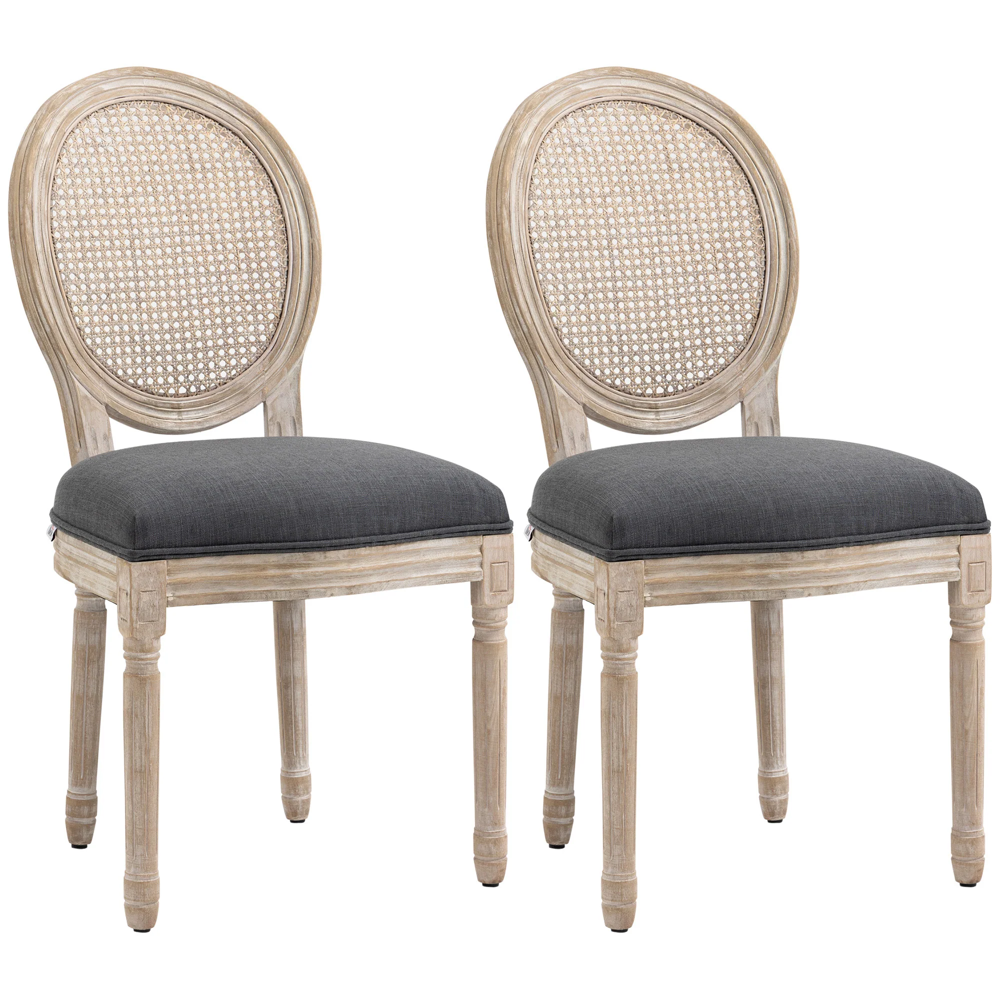 Lot de 2 chaises de Salle à Manger - Chaise de Salon médaillon Style Louis XVI - Bois Massif sculpté, patiné - Dossier cannage - Aspect Lin Gris - Image 11