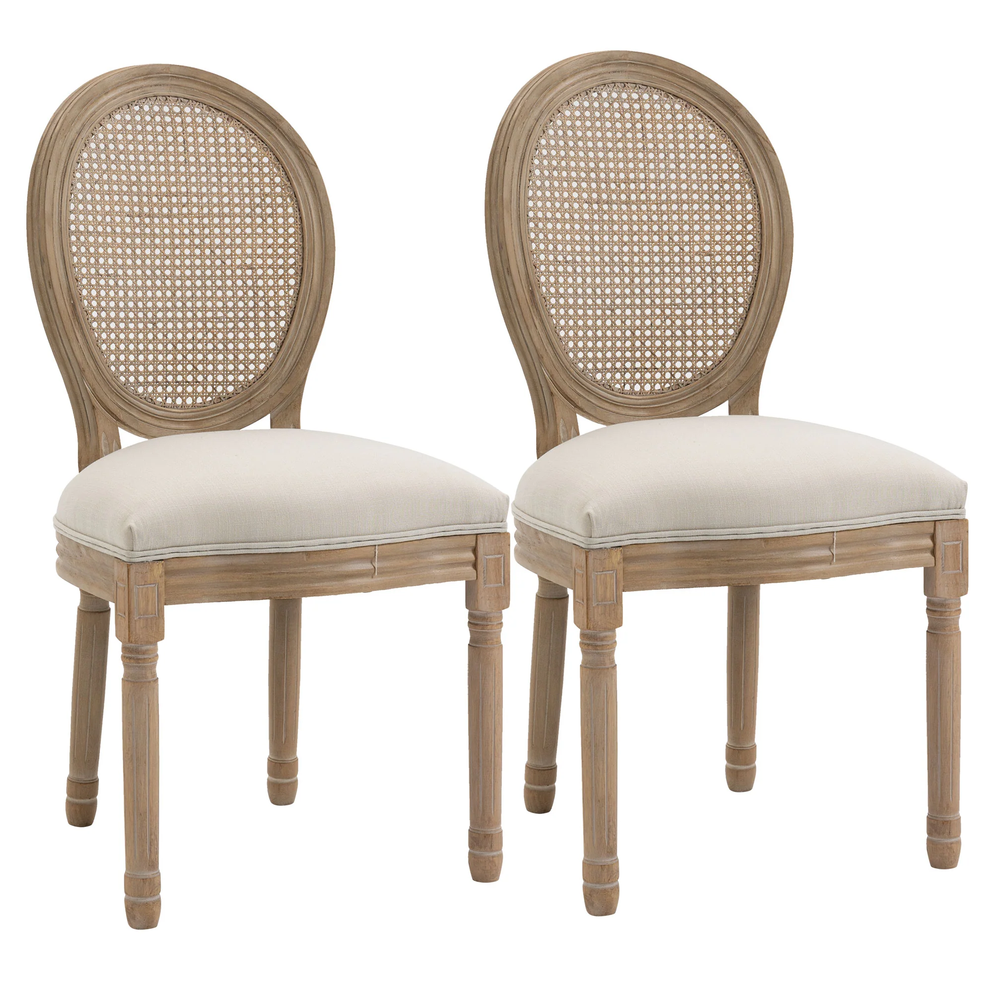 Lot de 2 chaises de Salle à Manger - Chaise de Salon médaillon Style Louis XVI - Bois Massif sculpté, patiné - Dossier cannage - Aspect Lin Crème - Image 11