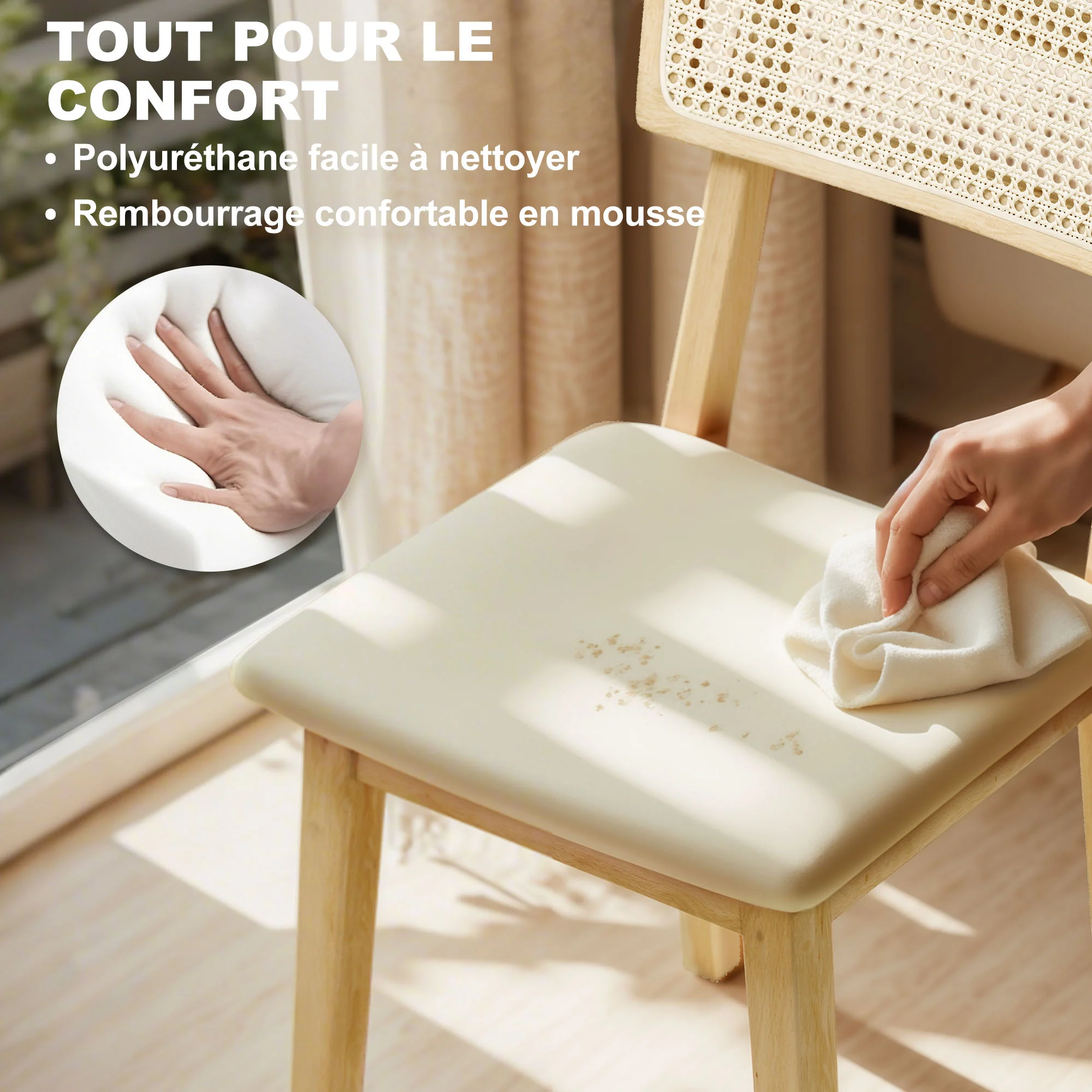 Lot de 2 chaises de salle à manger, chaises de cuisine modernes avec dossier effet rotin, cadre en bois d'hévéa, pour salon, chambre, cuisine, effet bois naturel - Image 6