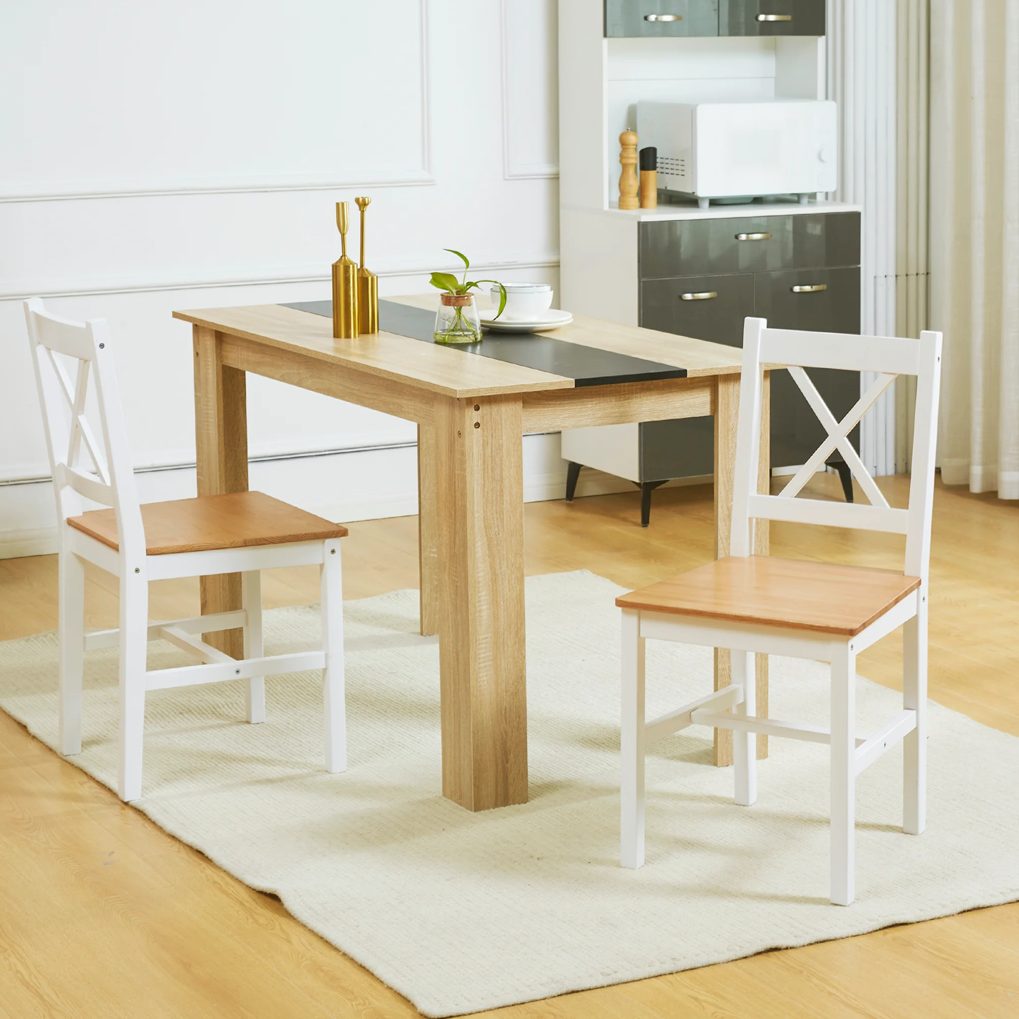 Lot de 2 chaises de salle à manger, chaises de cuisine, style maison de campagne, dossier haut, cadre en bois de pin, pour salon, chambre, cuisine, chêne et blanc - Image 3