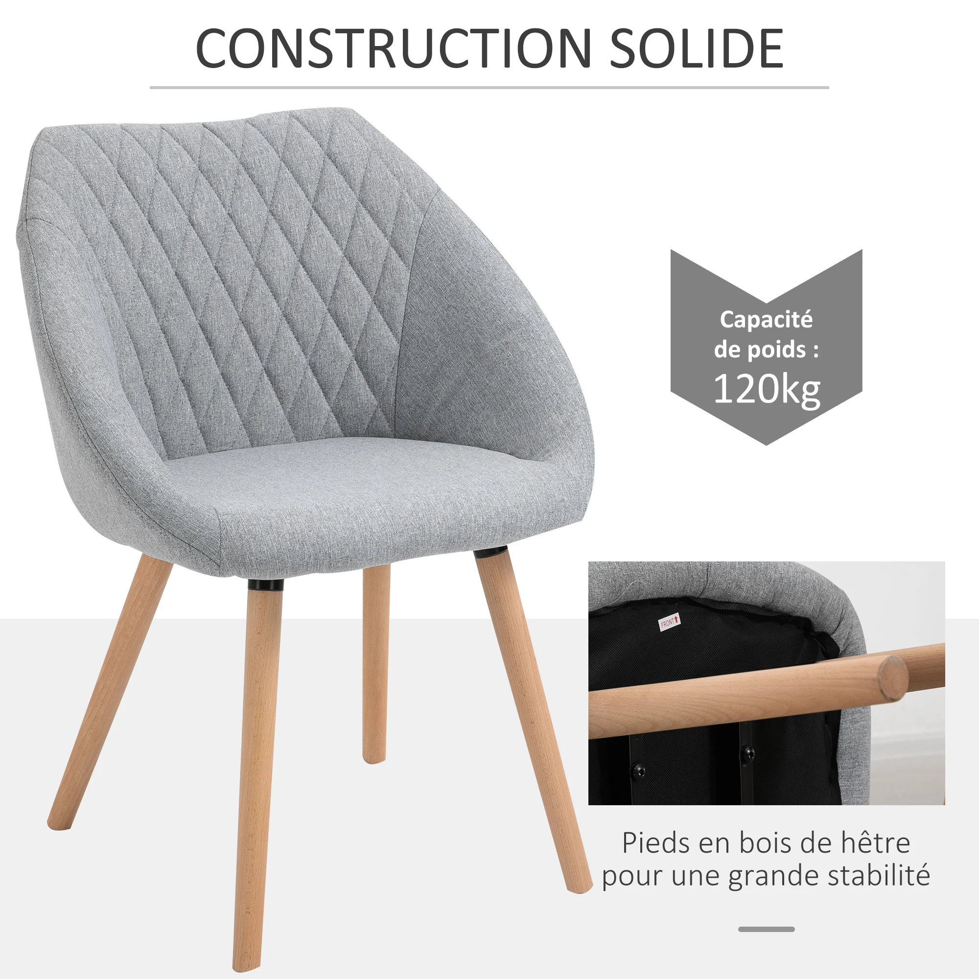 Lot de 2 Chaises de Salle à Manger Design scandinave - Pieds effilés Bois hêtre - Assise Dossier accoudoirs ergonomiques Lin Gris - Image 5