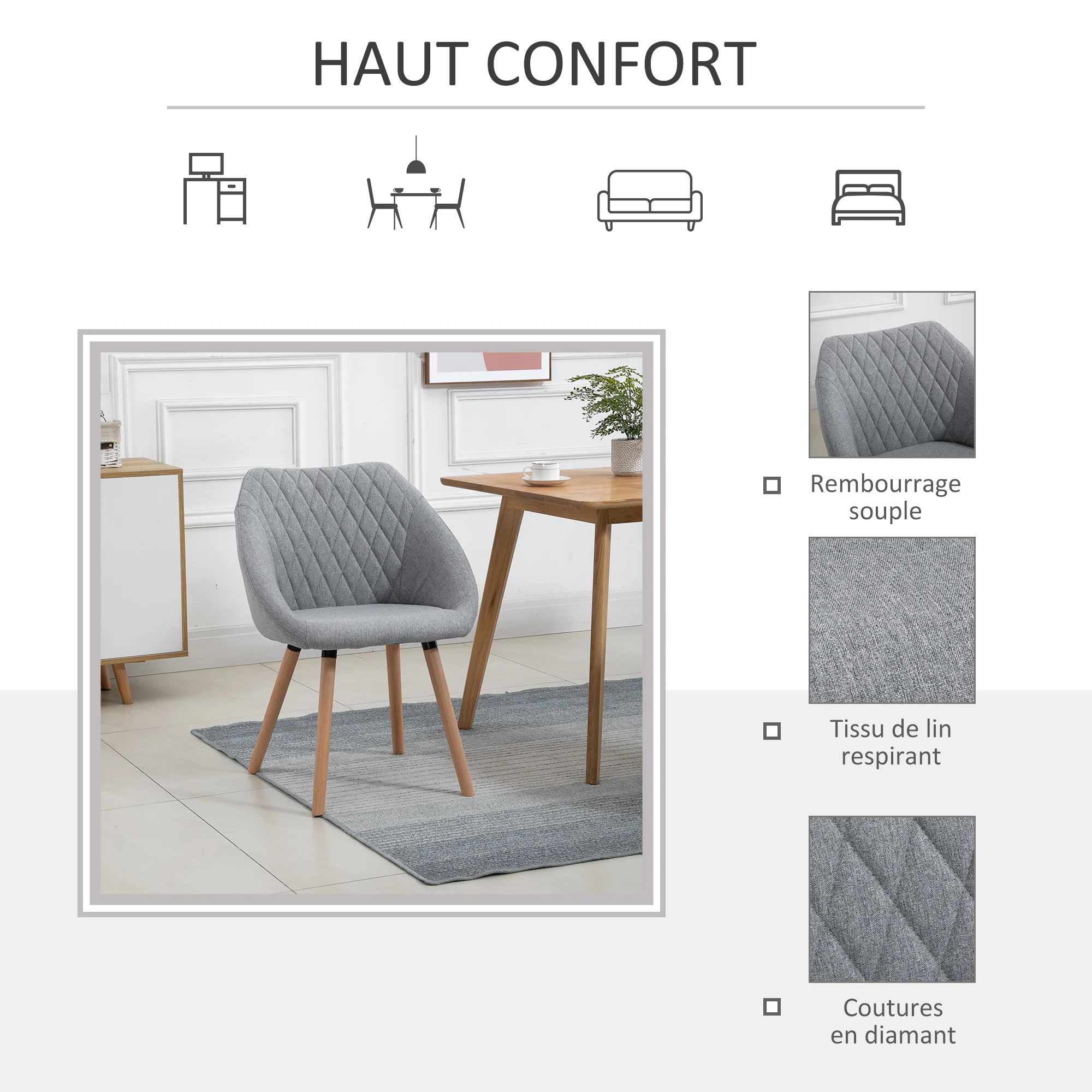 Lot de 2 Chaises de Salle à Manger Design scandinave - Pieds effilés Bois hêtre - Assise Dossier accoudoirs ergonomiques Lin Gris - Image 6