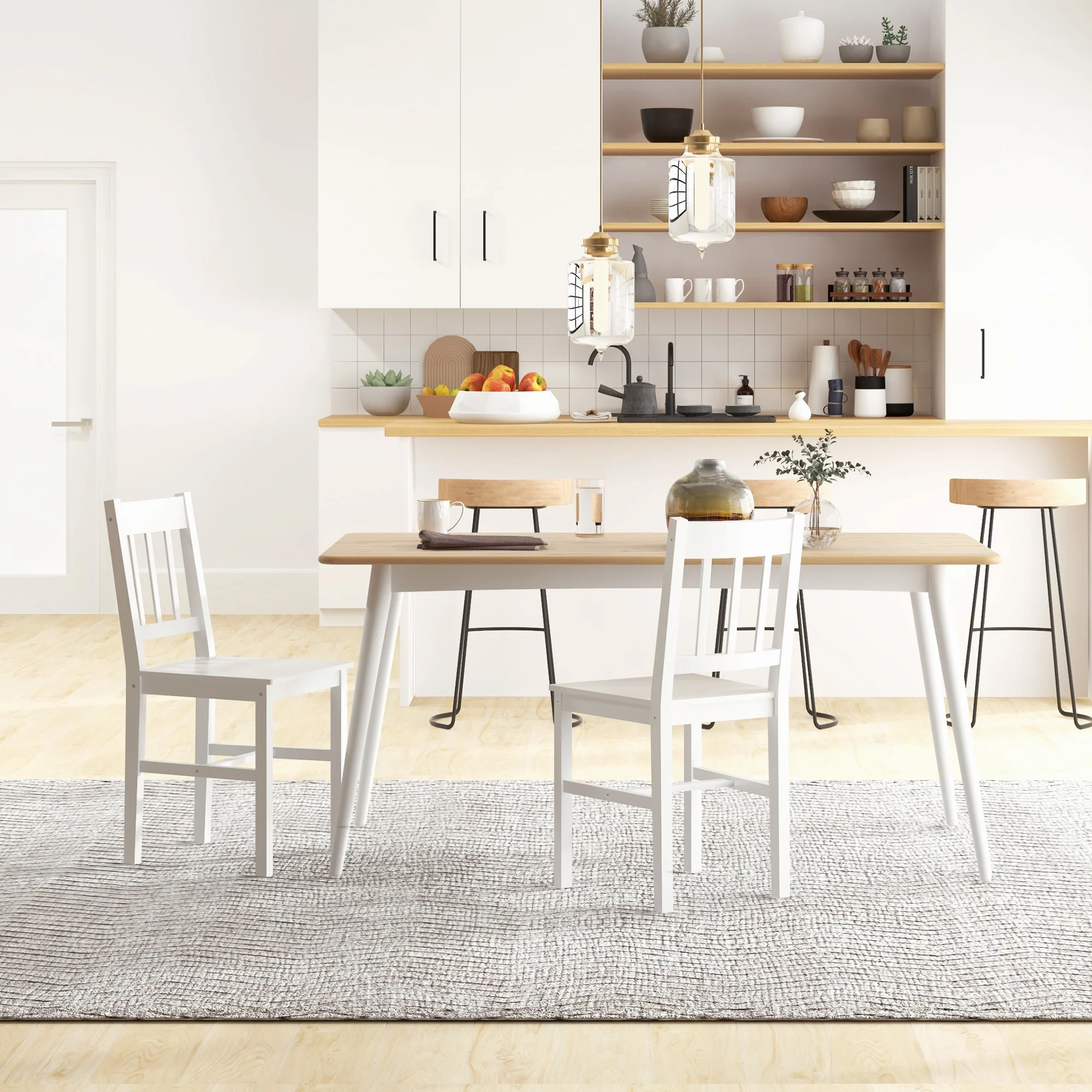 Lot de 2 chaises de salle à manger en bois massif, chaise de cuisine, dossier lattes, esprit campagne, pour salon, salle de séjour, cuisine, blanc - Image 3