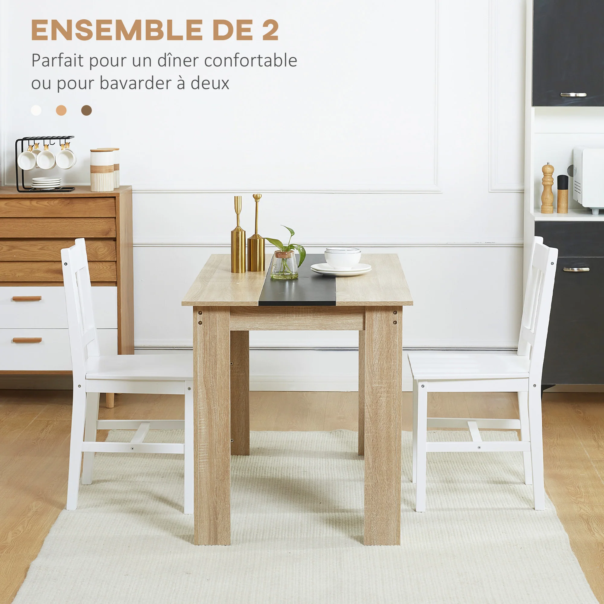 Lot de 2 chaises de salle à manger en bois massif, chaise de cuisine, dossier lattes, esprit campagne, pour salon, salle de séjour, cuisine, blanc - Image 5