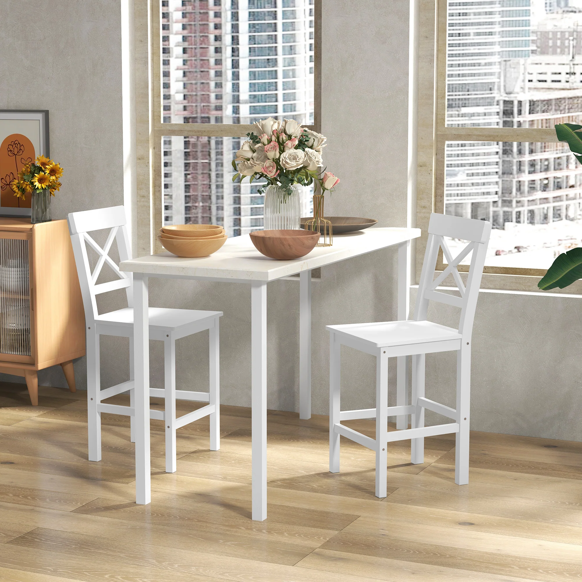 Lot de 2 chaises hautes, chaises de bar style campagne chic en bois hauteur 60 cm avec repose-pieds, dim. 41L x 46l x 97,5H cm blanc - Image 3