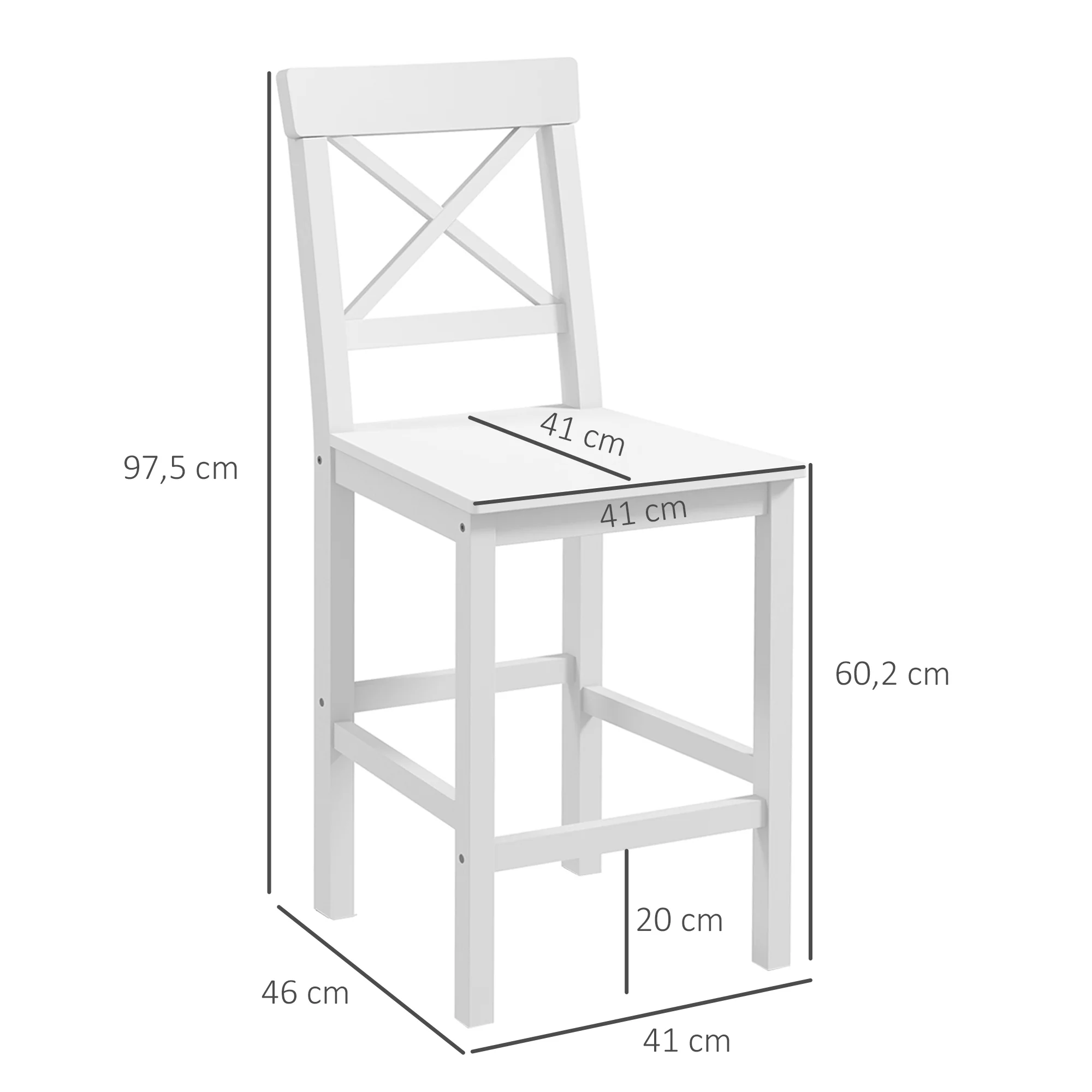 Lot de 2 chaises hautes, chaises de bar style campagne chic en bois hauteur 60 cm avec repose-pieds, dim. 41L x 46l x 97,5H cm blanc - Image 4