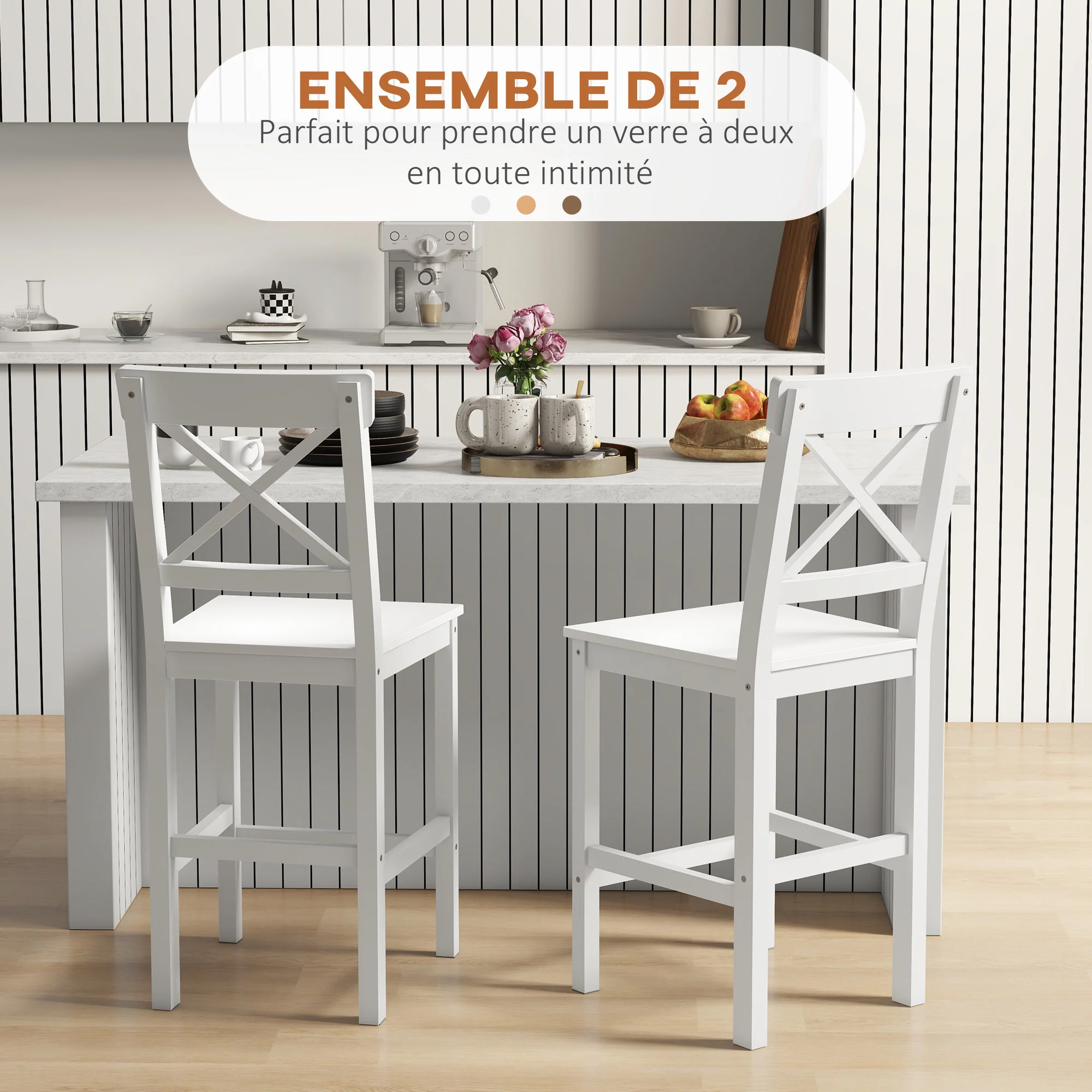 Lot de 2 chaises hautes, chaises de bar style campagne chic en bois hauteur 60 cm avec repose-pieds, dim. 41L x 46l x 97,5H cm blanc - Image 5