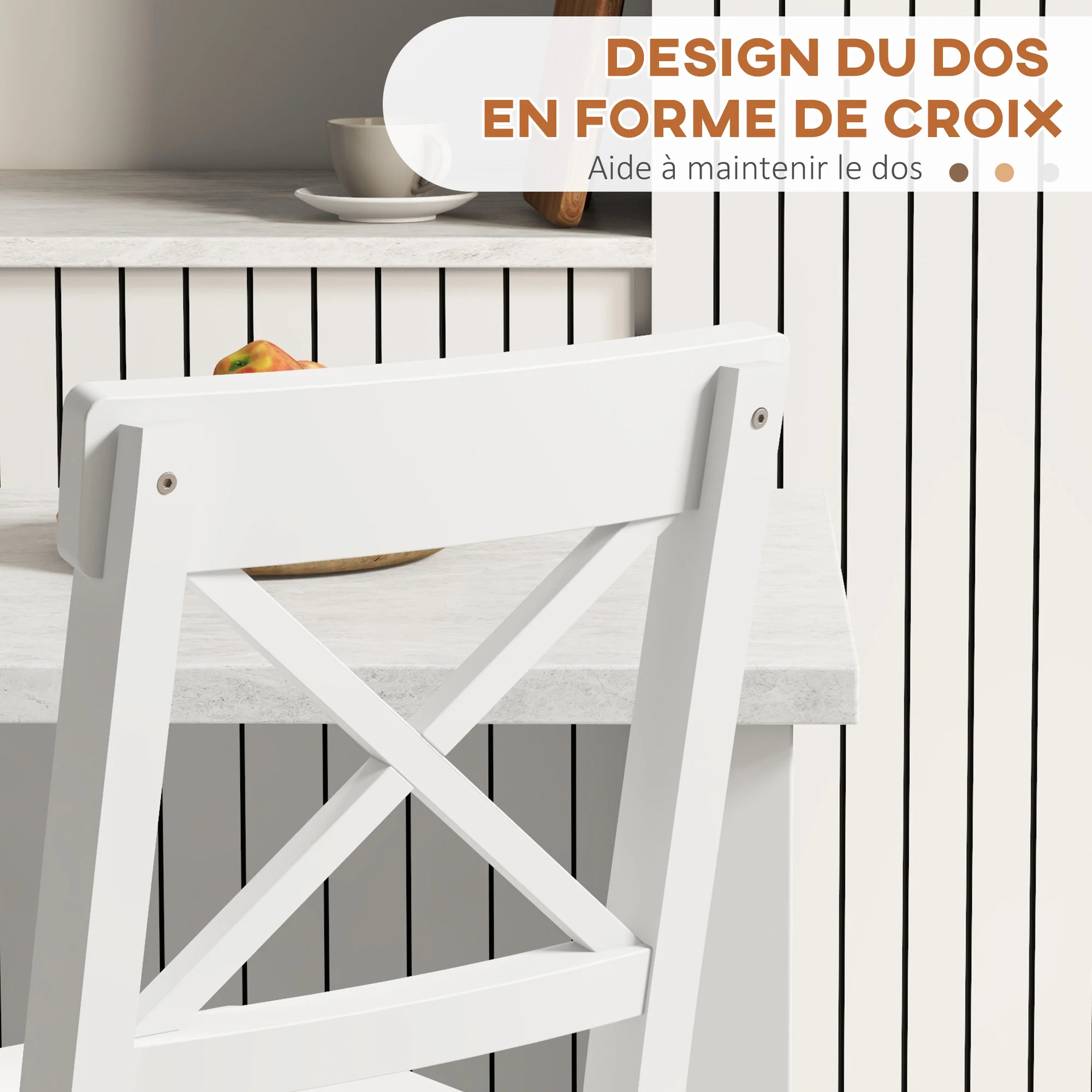 Lot de 2 chaises hautes, chaises de bar style campagne chic en bois hauteur 60 cm avec repose-pieds, dim. 41L x 46l x 97,5H cm blanc - Image 6