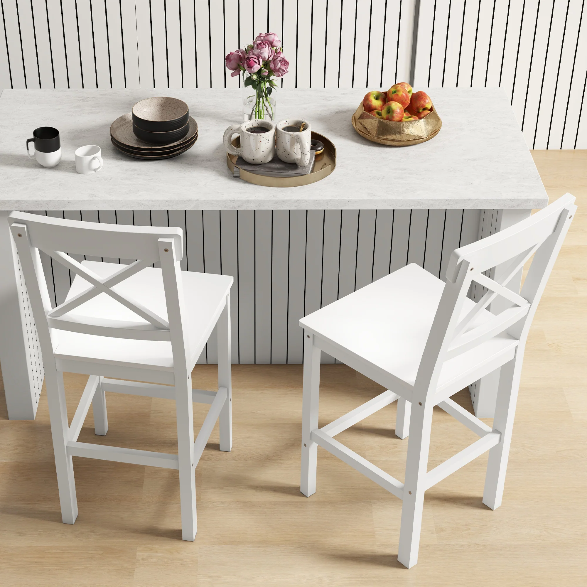 Lot de 2 chaises hautes, chaises de bar style campagne chic en bois hauteur 60 cm avec repose-pieds, dim. 41L x 46l x 97,5H cm blanc - Image 8