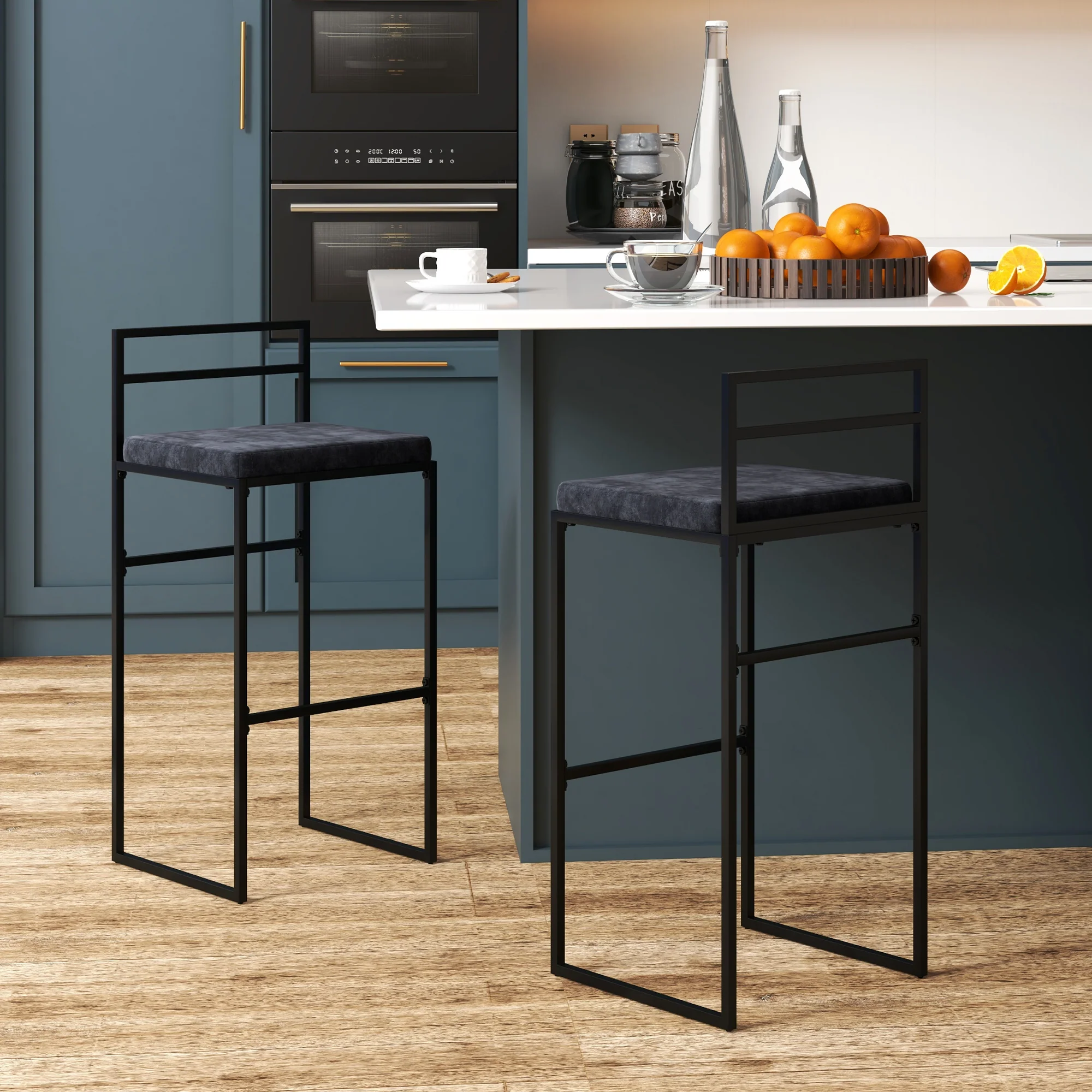 Lot de 2 chaises hautes, tabourets de bar, hauteur 74 cm, strucuture en acier, coussin d'assise en velours, repose-pieds, chaises de bar, style moderne élégant, noir - Image 3