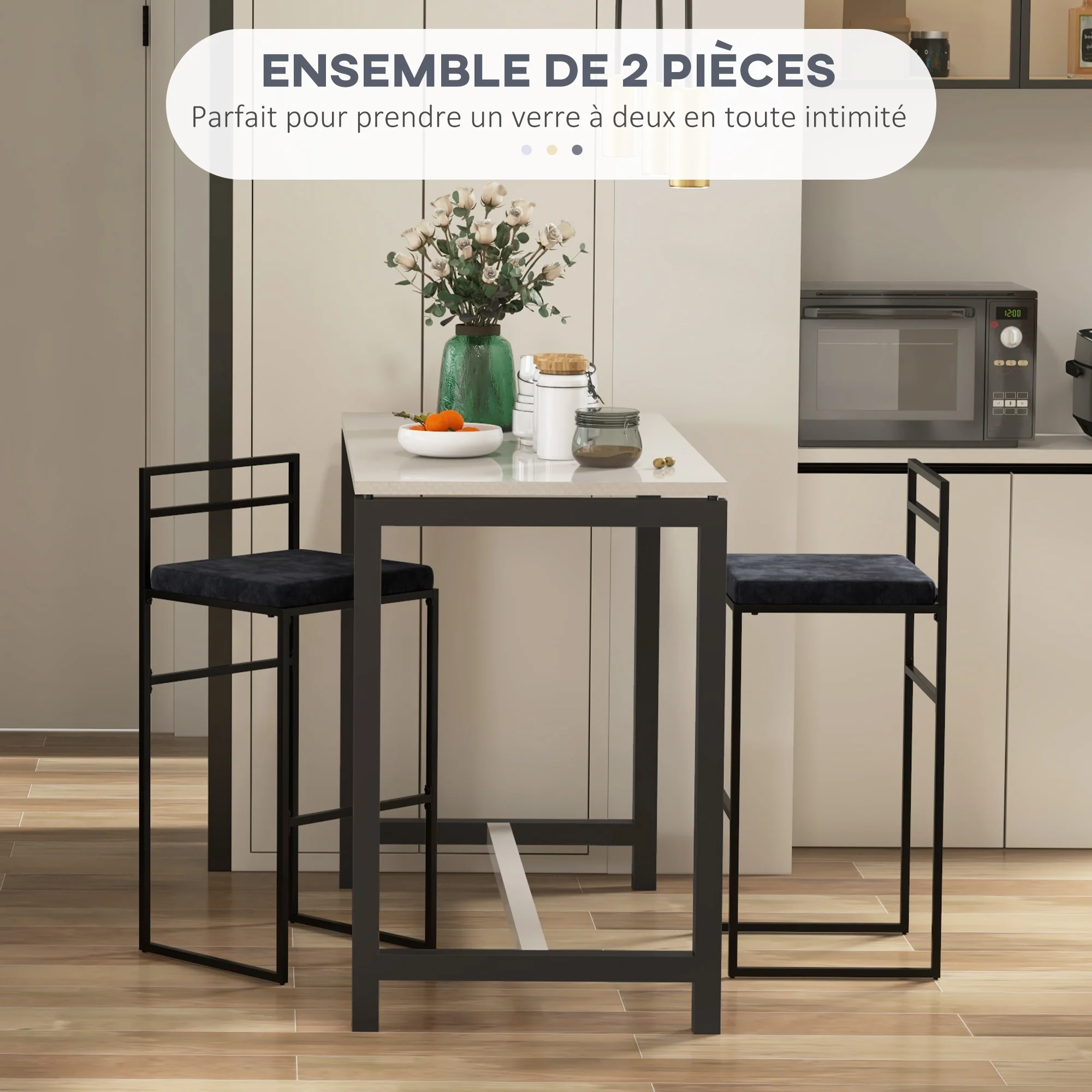 Lot de 2 chaises hautes, tabourets de bar, hauteur 74 cm, strucuture en acier, coussin d'assise en velours, repose-pieds, chaises de bar, style moderne élégant, noir - Image 5