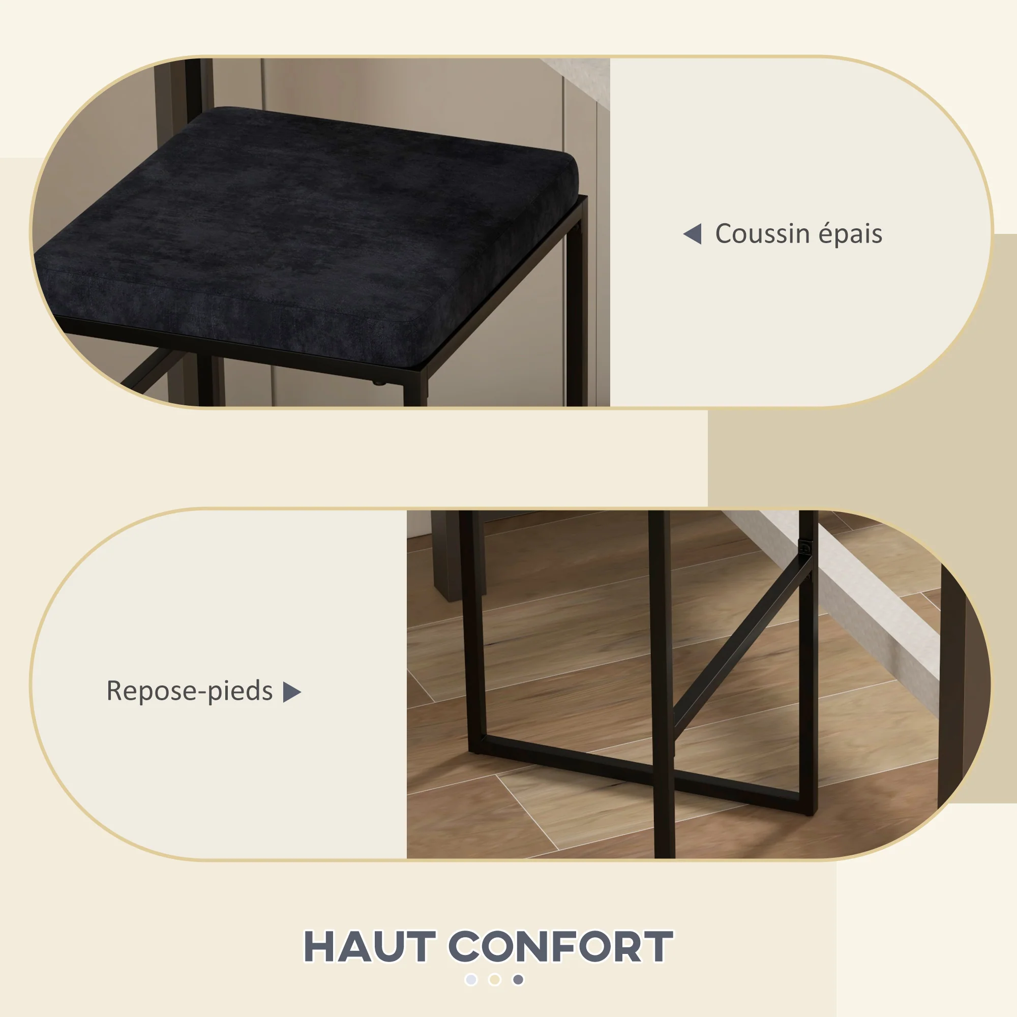Lot de 2 chaises hautes, tabourets de bar, hauteur 74 cm, strucuture en acier, coussin d'assise en velours, repose-pieds, chaises de bar, style moderne élégant, noir - Image 6