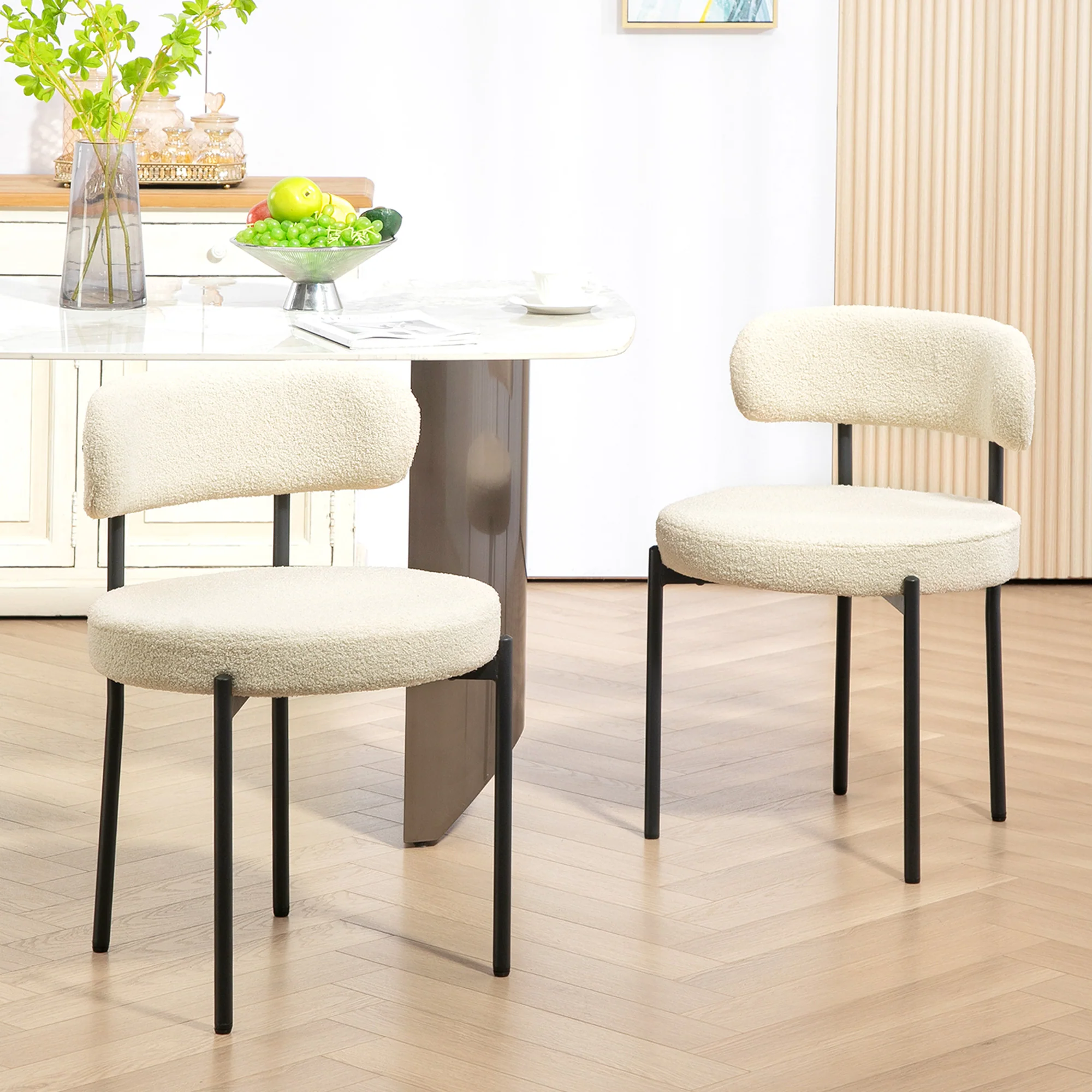 Lot de 2 chaises salle à manger chaise de cuisine moderne chaise de salon rembourrée en tissu effet laine boucleé avec dossier et pieds en acier noir, pour salon chambre, beige - Image 3