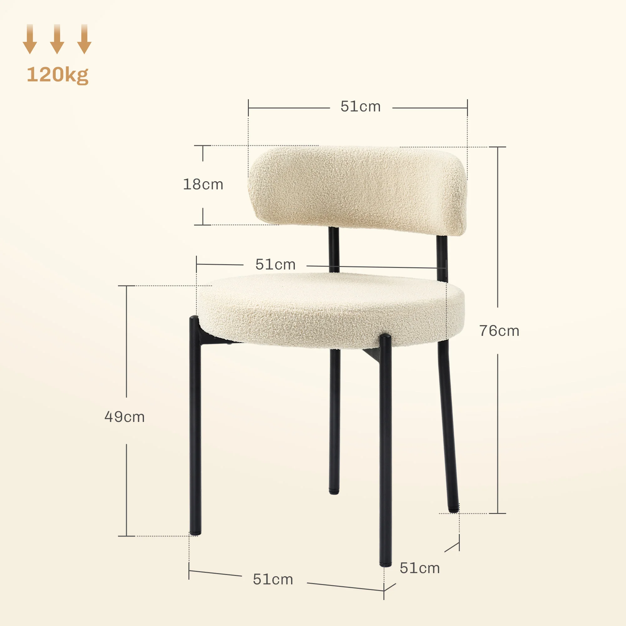 Lot de 2 chaises salle à manger chaise de cuisine moderne chaise de salon rembourrée en tissu effet laine boucleé avec dossier et pieds en acier noir, pour salon chambre, beige - Image 4