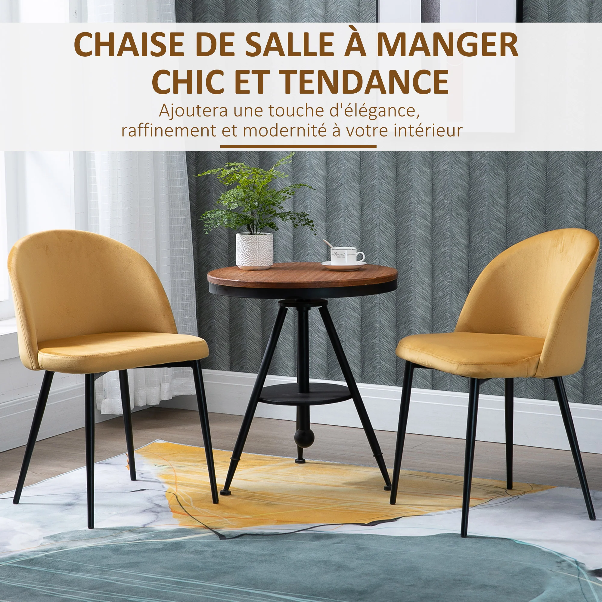 Lot de 2 chaises salle à manger chaise de cuisine scandinave chaise en velours rembourrée avec pieds effilés en métal, pour salon, salle à manger, jaune - Image 5