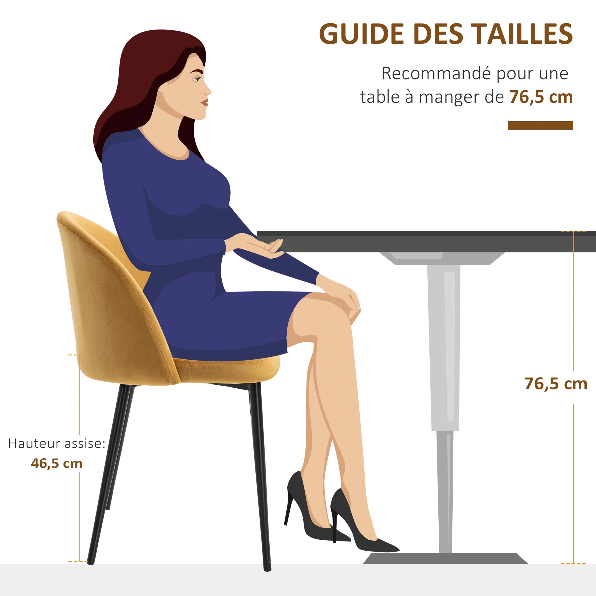 Lot de 2 chaises salle à manger chaise de cuisine scandinave chaise en velours rembourrée avec pieds effilés en métal, pour salon, salle à manger, jaune - Image 8