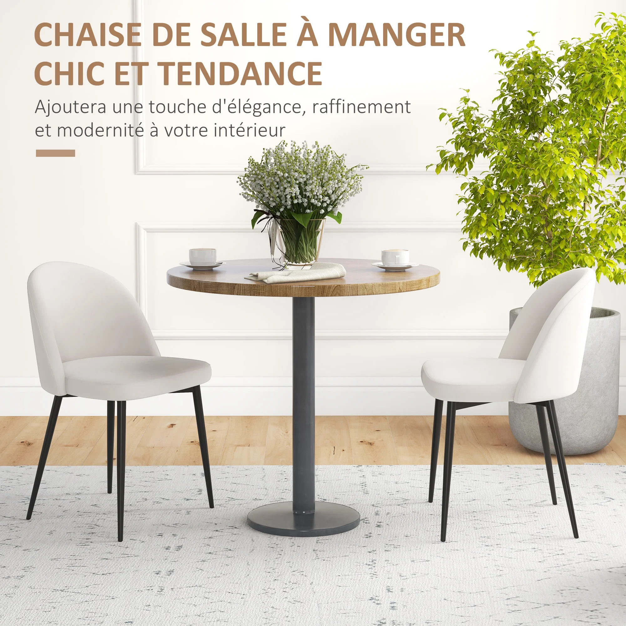 Lot de 2 chaises salle à manger chaise de cuisine scandinave chaise en velours rembourrée avec pieds effilés en métal, pour salon, salle à manger, crème - Image 5