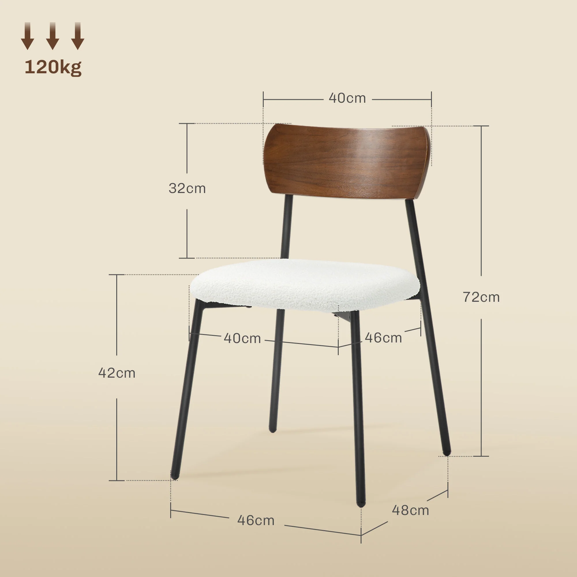 Lot de 2 chaises salle à manger chaise de cuisine vintage chaise de salon rembourrée avec assise effet bouclette, dossier courbé effet bois pour salon, salle à manger, chambre, crème et marron - Image 4