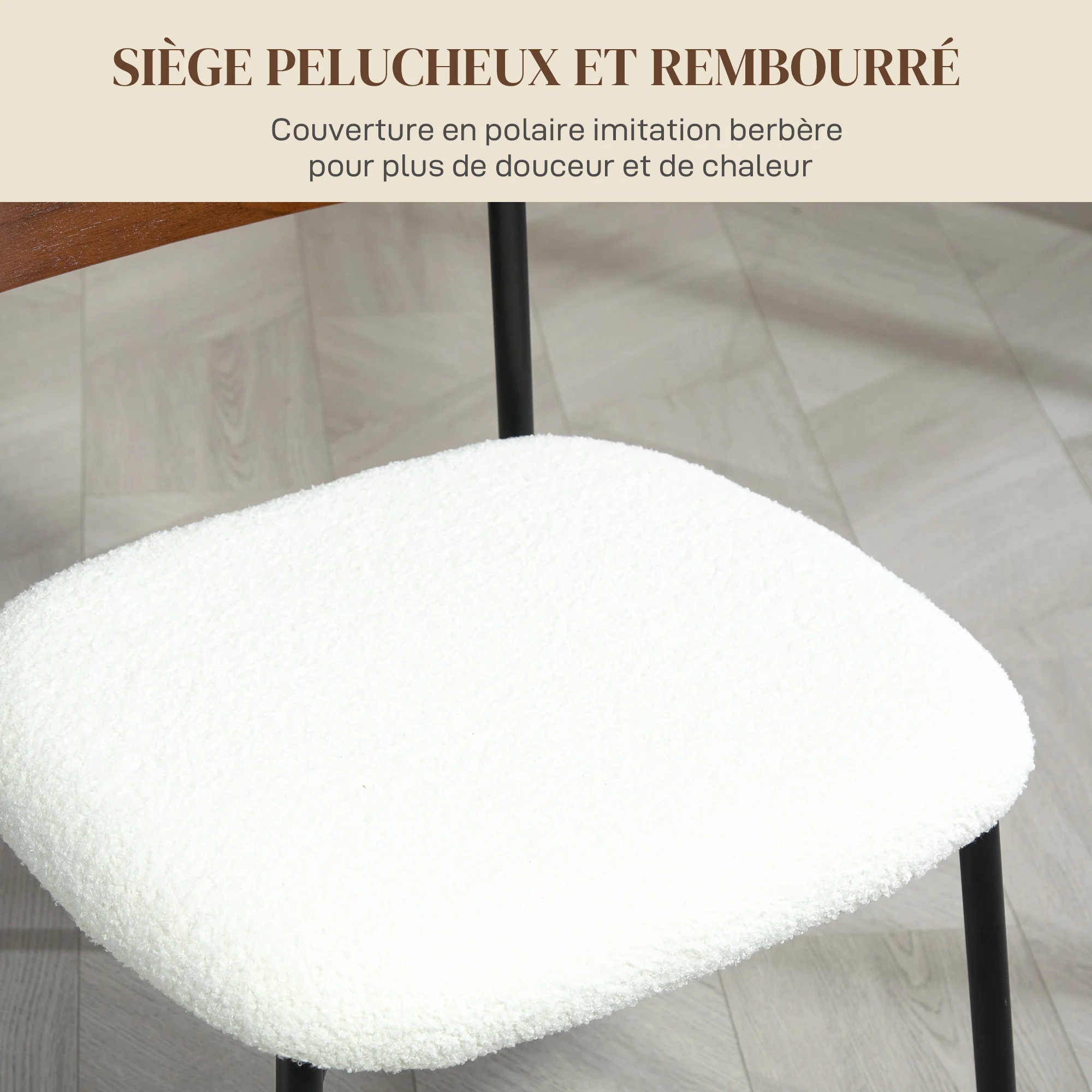 Lot de 2 chaises salle à manger chaise de cuisine vintage chaise de salon rembourrée avec assise effet bouclette, dossier courbé effet bois pour salon, salle à manger, chambre, crème et marron - Image 5