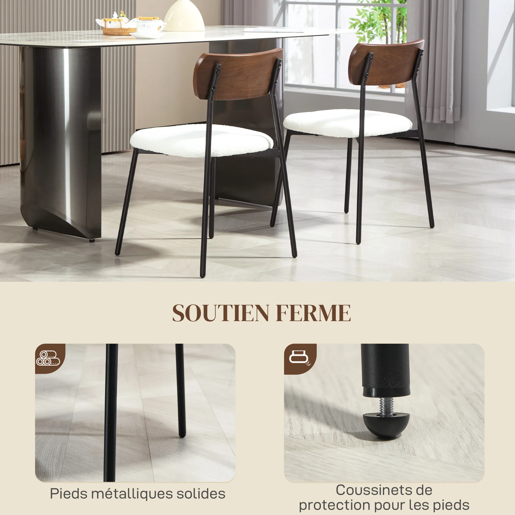 Lot de 2 chaises salle à manger chaise de cuisine vintage chaise de salon rembourrée avec assise effet bouclette, dossier courbé effet bois pour salon, salle à manger, chambre, crème et marron - Image 7