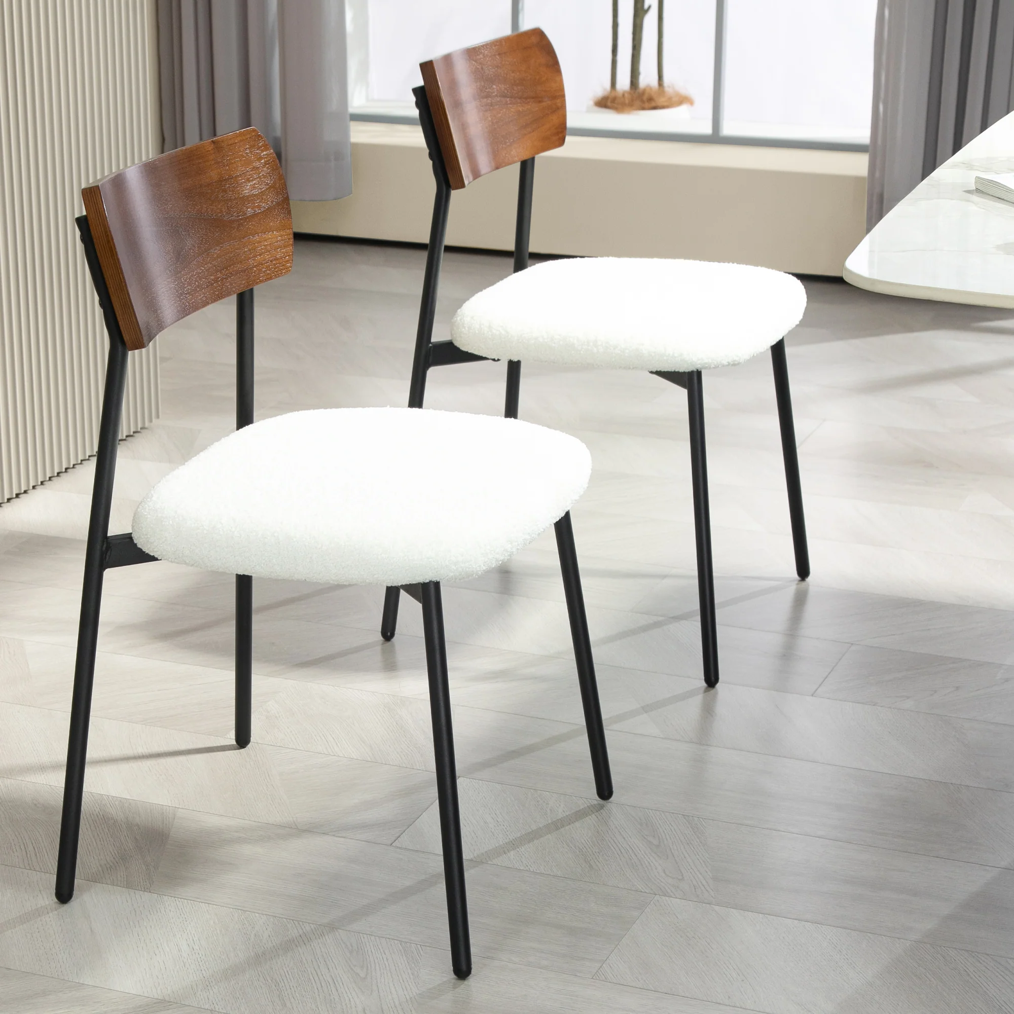 Lot de 2 chaises salle à manger chaise de cuisine vintage chaise de salon rembourrée avec assise effet bouclette, dossier courbé effet bois pour salon, salle à manger, chambre, crème et marron - Image 8