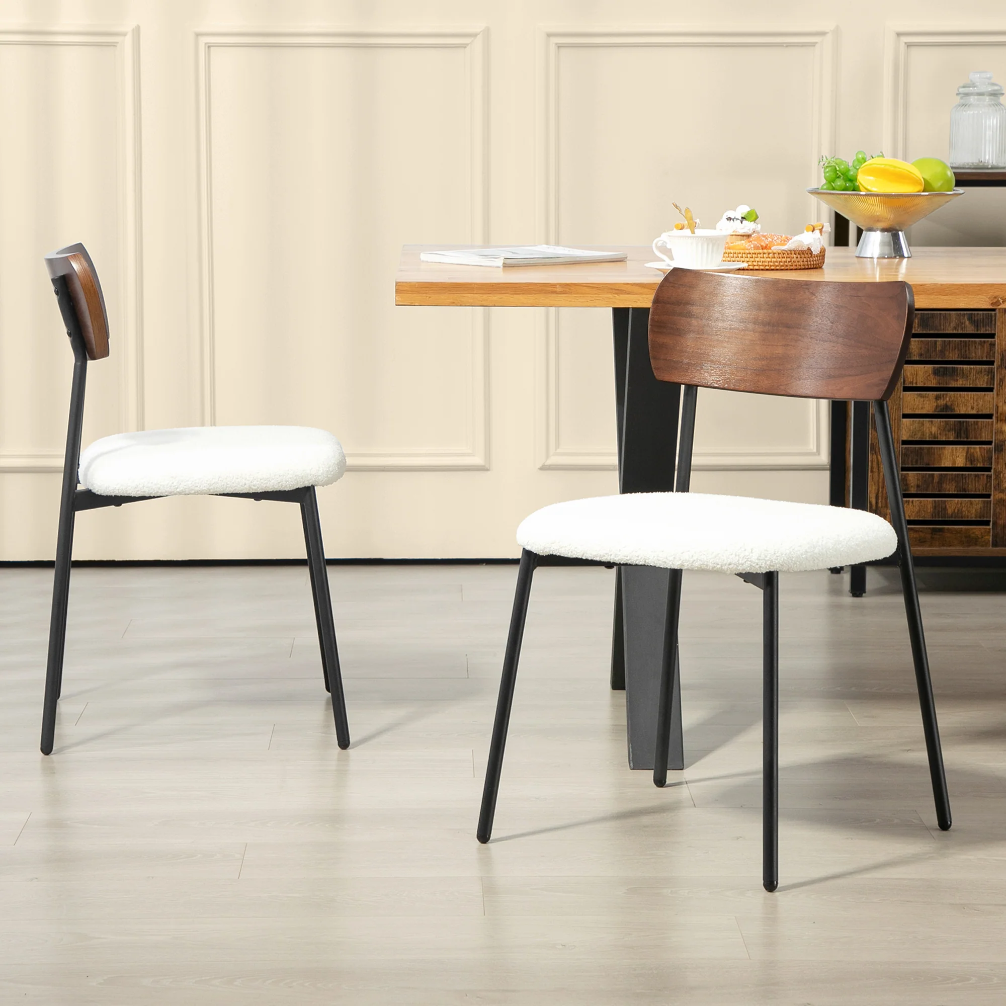 Lot de 2 chaises salle à manger chaise de cuisine vintage chaise de salon rembourrée avec assise effet bouclette, dossier courbé effet bois pour salon, salle à manger, chambre, crème et marron - Image 9