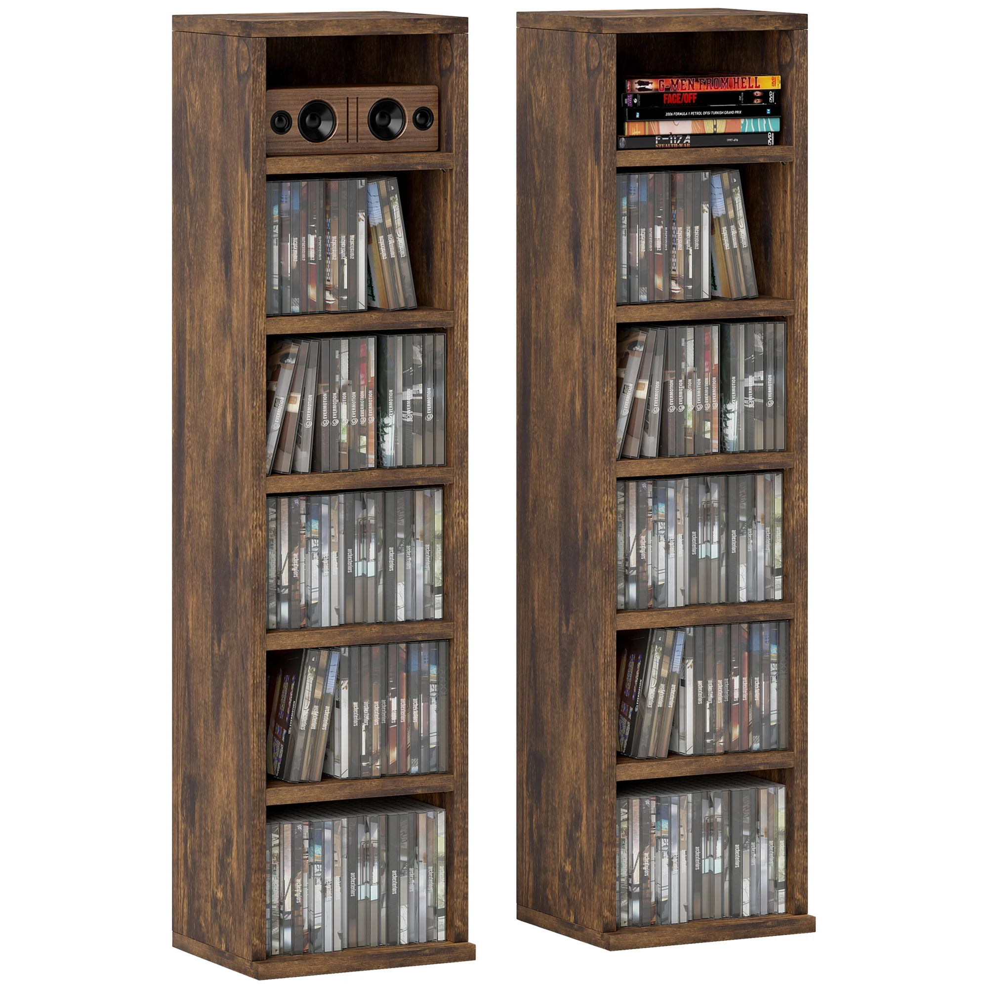 Lot de 2 étagères colonnes armoire de rangement CD-DVD 6 + 6 compartiments 21 x 22,5 x 88,5 cm capacité max. 204 CD brun rustique - Image 11