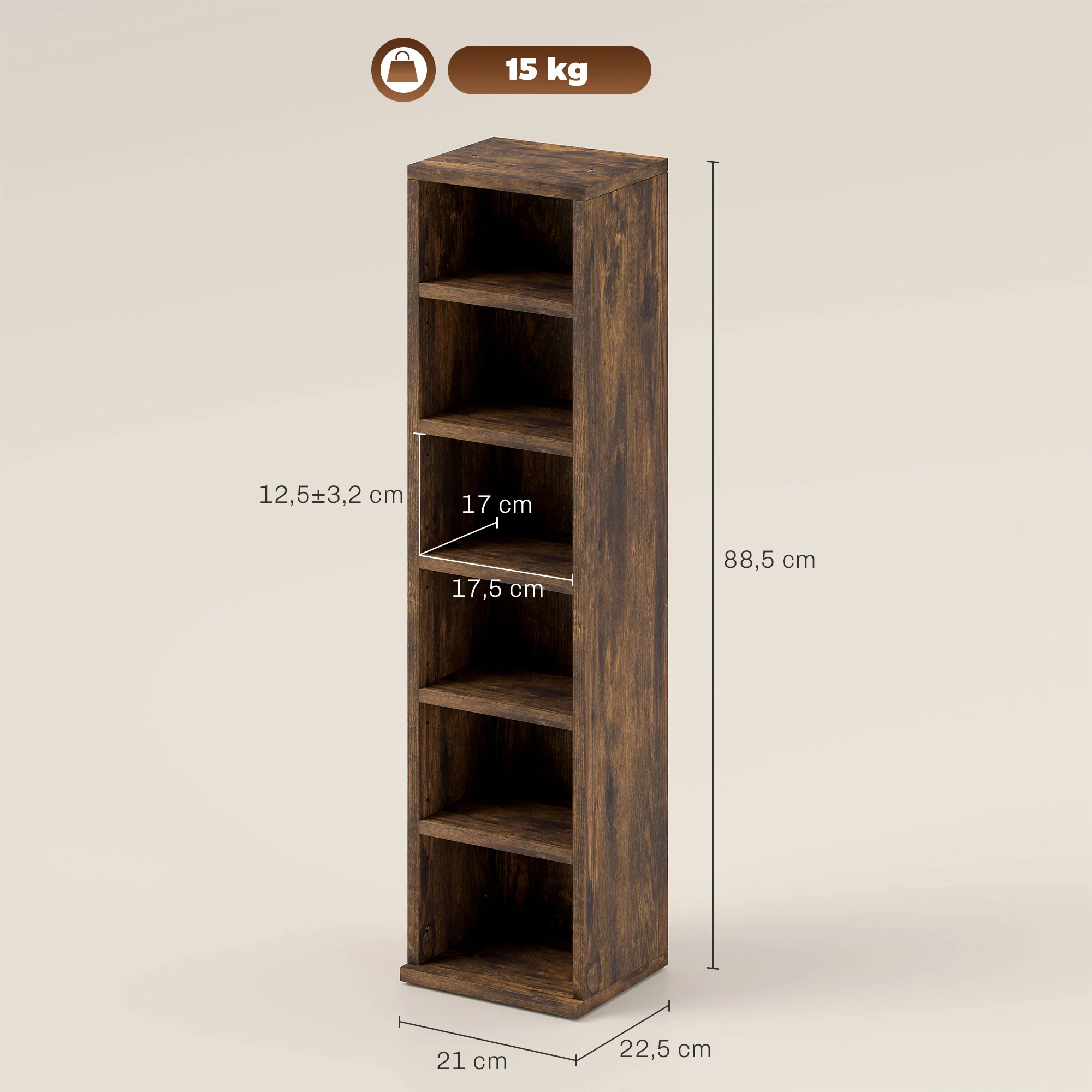 Lot de 2 étagères colonnes armoire de rangement CD-DVD 6 + 6 compartiments 21 x 22,5 x 88,5 cm capacité max. 204 CD brun rustique - Image 4