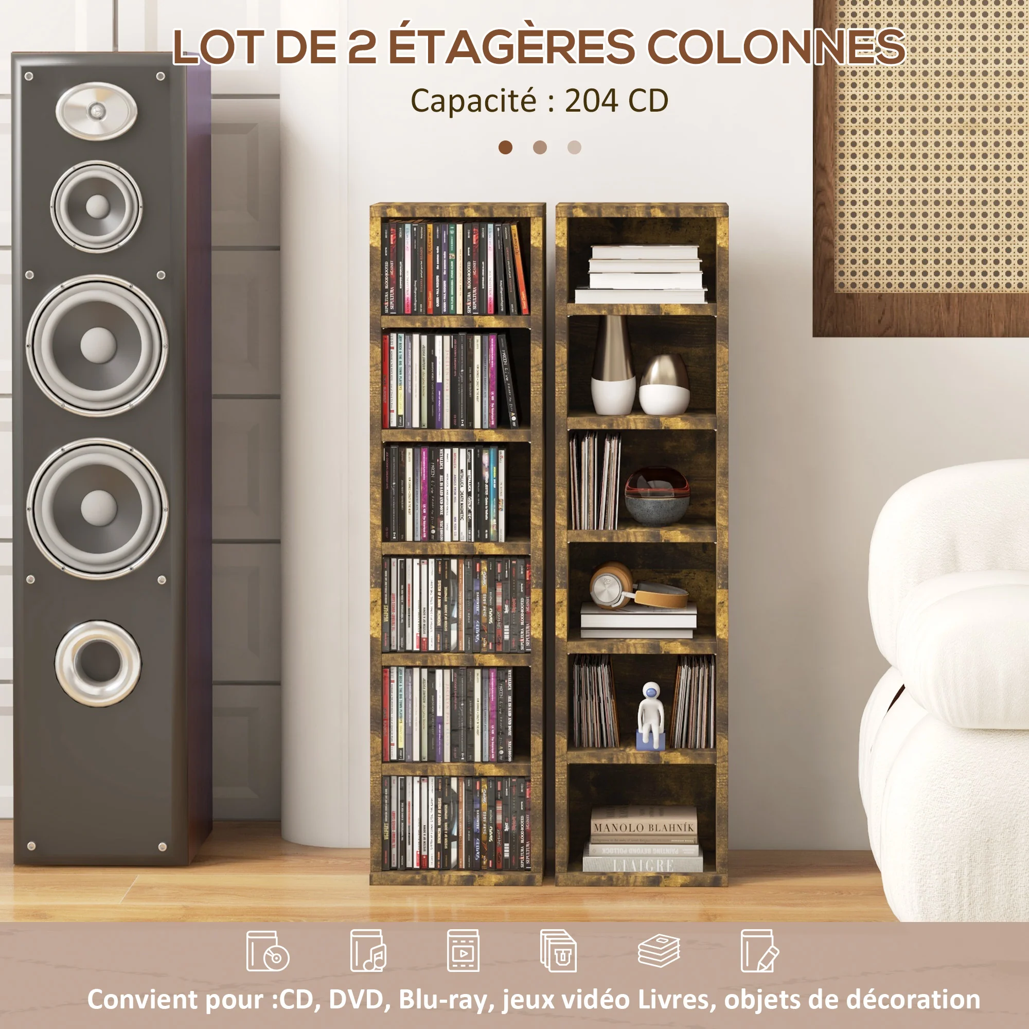Lot de 2 étagères colonnes armoire de rangement CD-DVD 6 + 6 compartiments 21 x 22,5 x 88,5 cm capacité max. 204 CD brun rustique - Image 5
