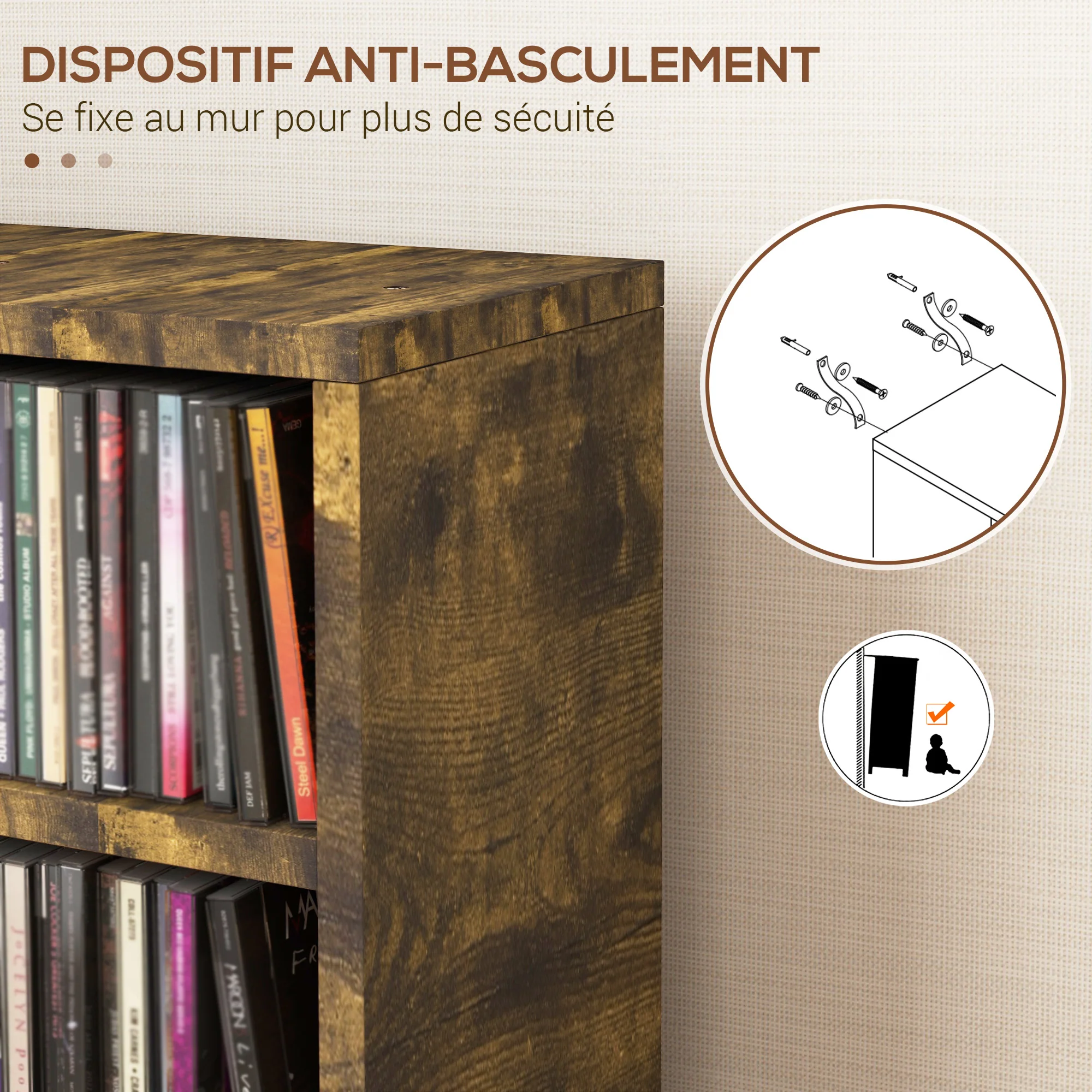 Lot de 2 étagères colonnes armoire de rangement CD-DVD 6 + 6 compartiments 21 x 22,5 x 88,5 cm capacité max. 204 CD brun rustique - Image 8
