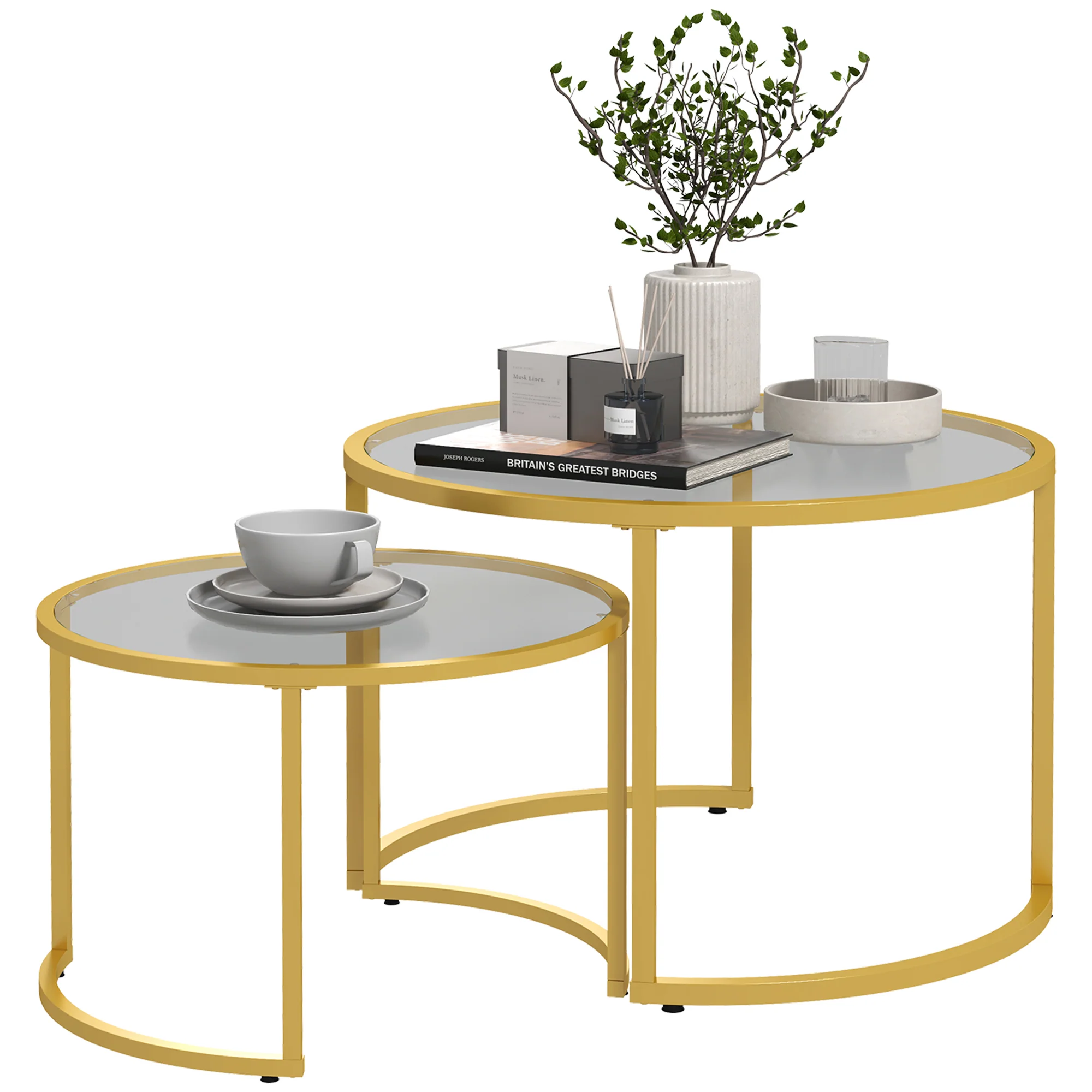 Lot de 2 tables basses gigognes rondes 70/54 cm plateau verre trempé et pied en acier au carbone design moderne doré - Image 11