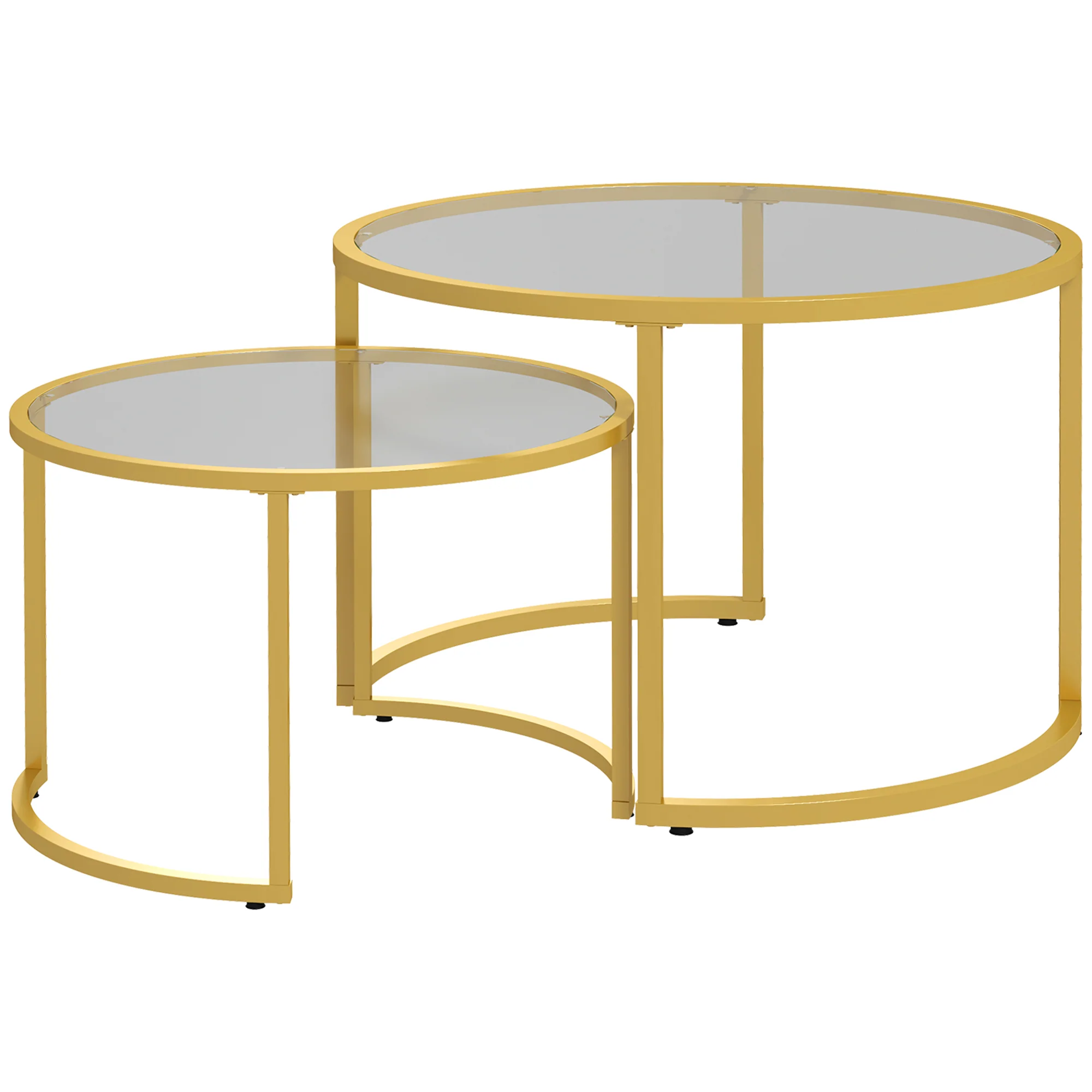 Lot de 2 tables basses gigognes rondes 70/54 cm plateau verre trempé et pied en acier au carbone design moderne doré - Image 2