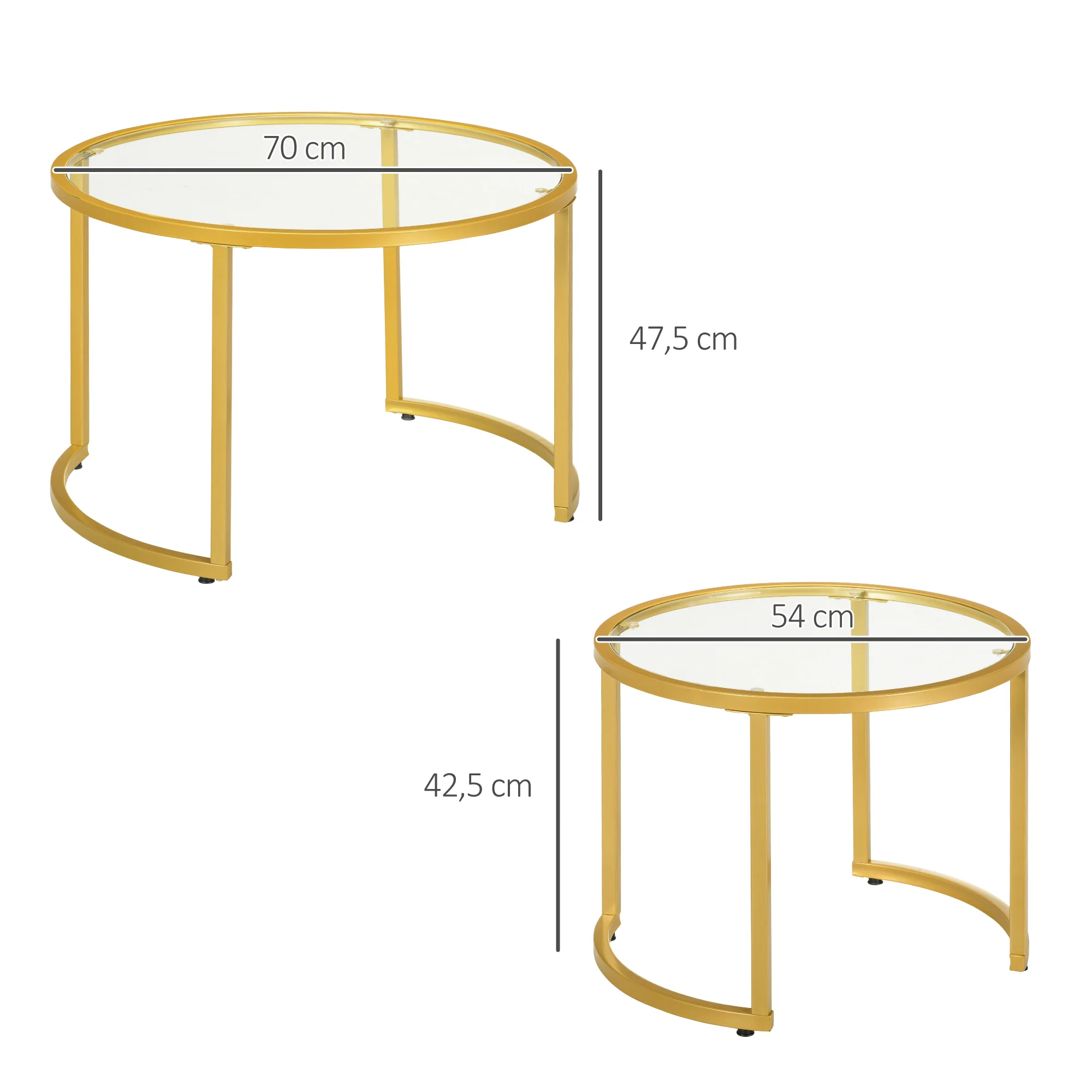 Lot de 2 tables basses gigognes rondes 70/54 cm plateau verre trempé et pied en acier au carbone design moderne doré - Image 4
