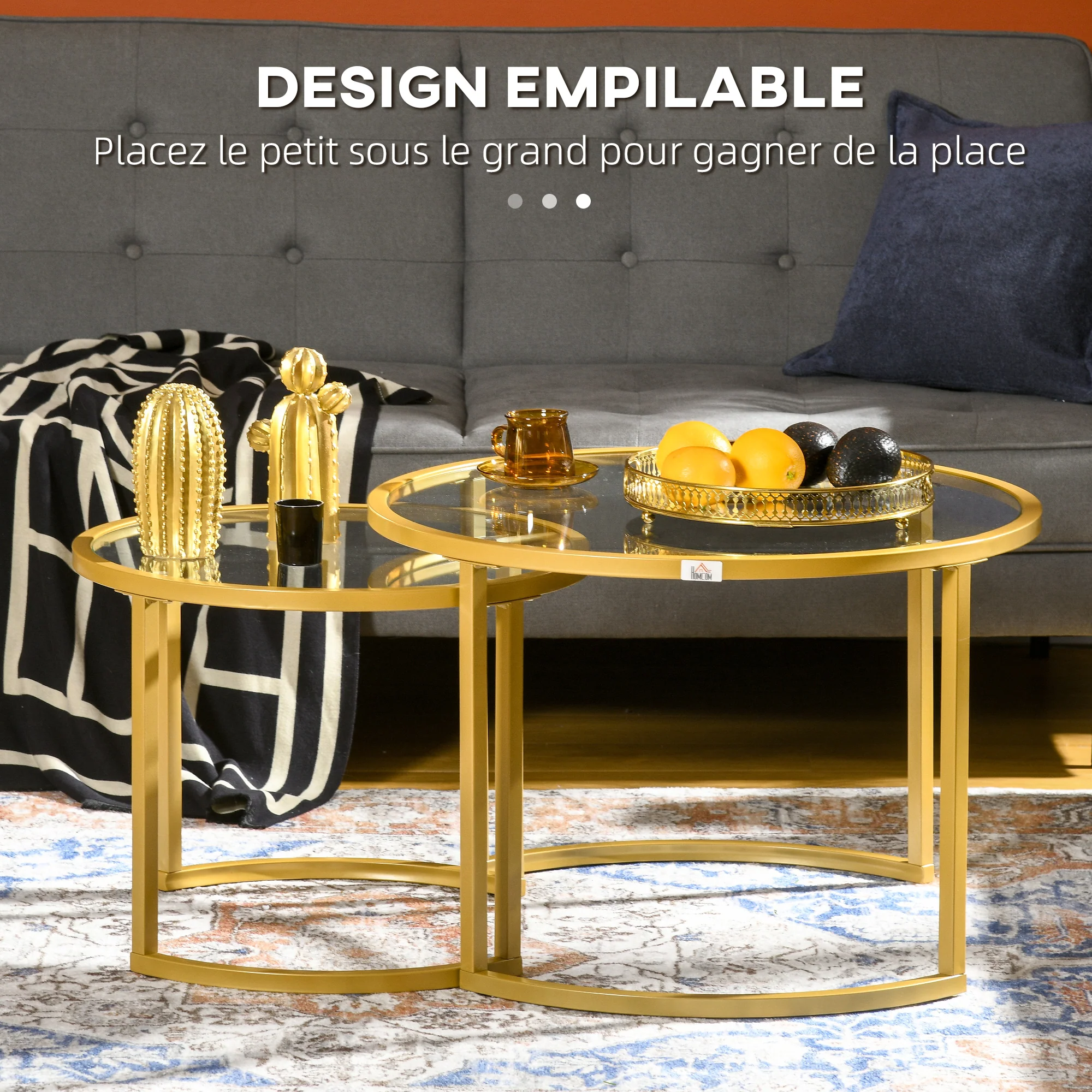 Lot de 2 tables basses gigognes rondes 70/54 cm plateau verre trempé et pied en acier au carbone design moderne doré - Image 5