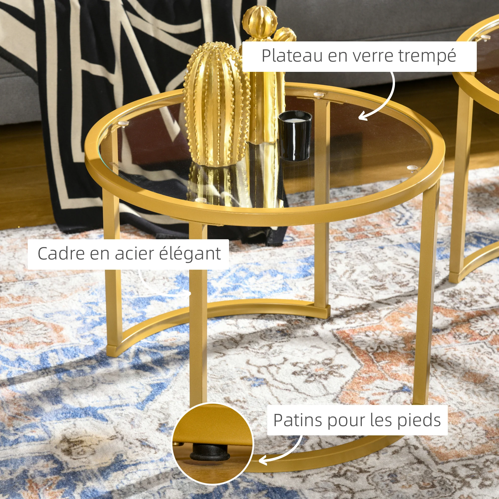 Lot de 2 tables basses gigognes rondes 70/54 cm plateau verre trempé et pied en acier au carbone design moderne doré - Image 6