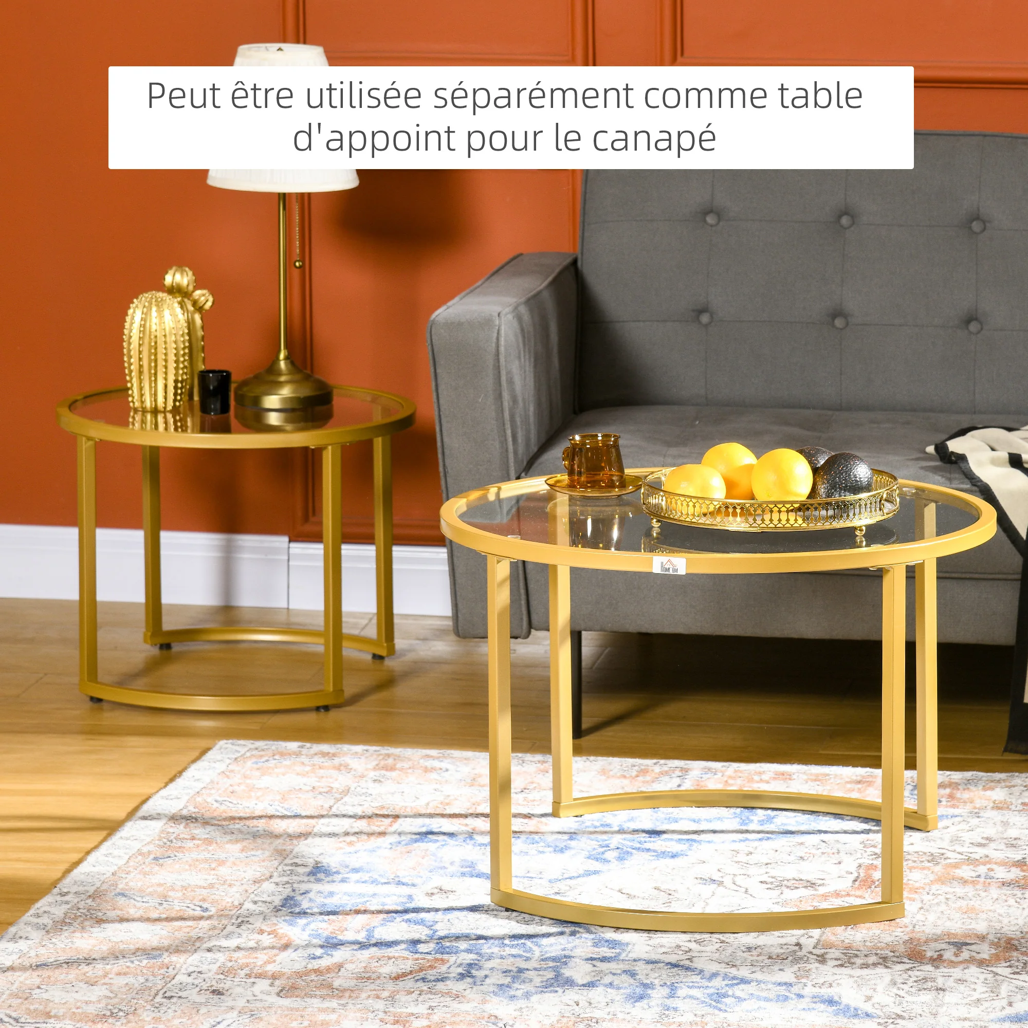 Lot de 2 tables basses gigognes rondes 70/54 cm plateau verre trempé et pied en acier au carbone design moderne doré - Image 7