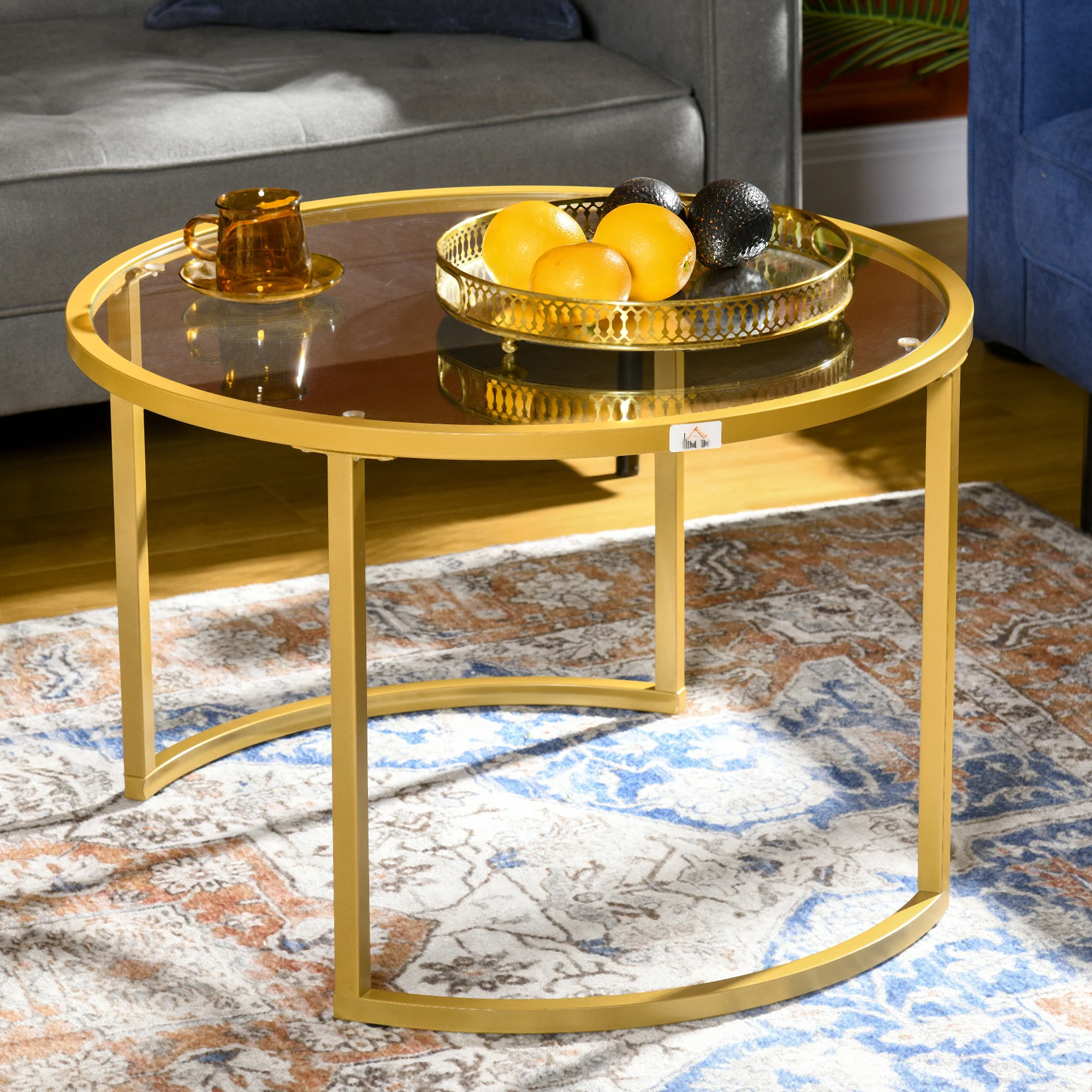 Lot de 2 tables basses gigognes rondes 70/54 cm plateau verre trempé et pied en acier au carbone design moderne doré - Image 8