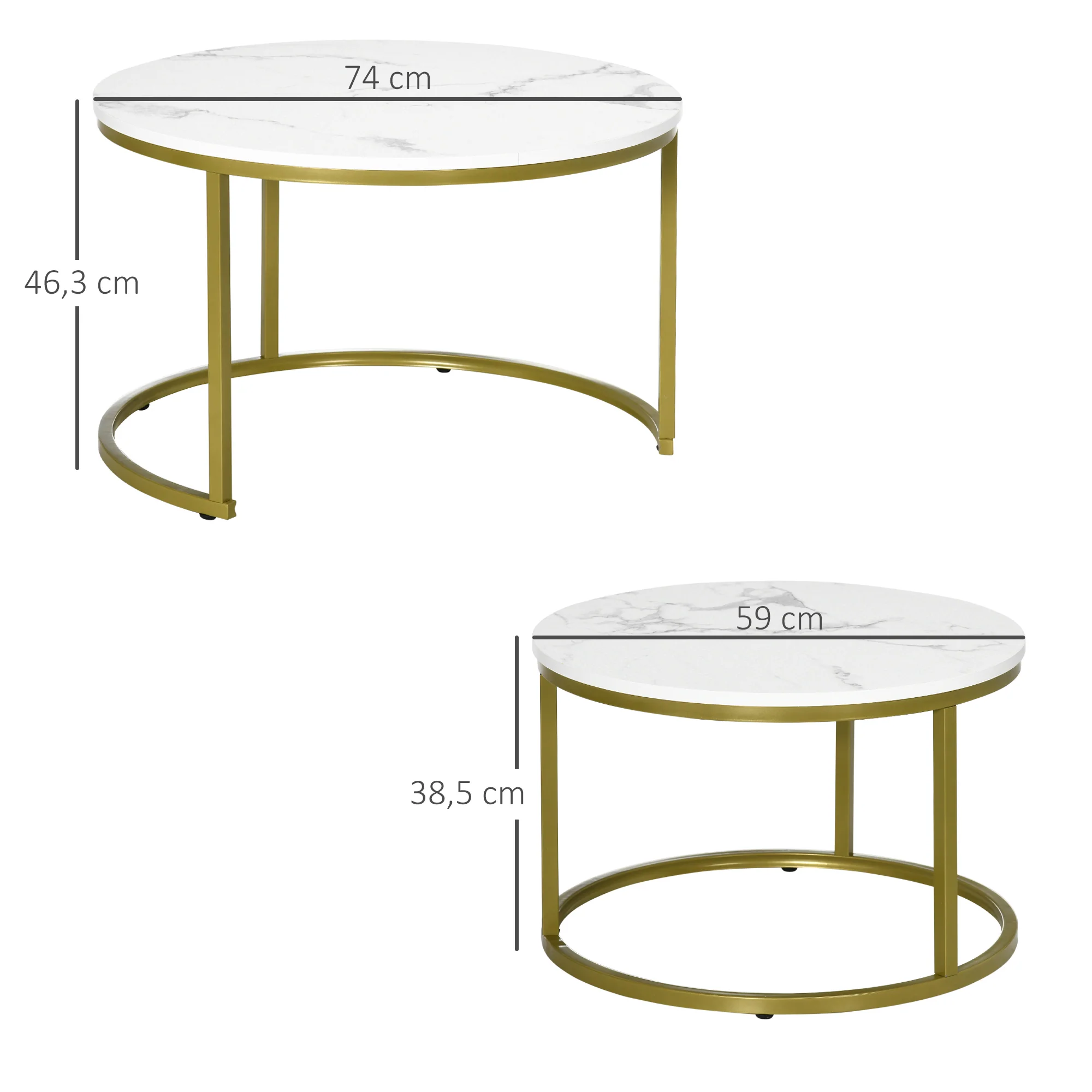 Lot de 2 tables basses gigognes tables rondes plateau blanc aspect marbre et pied en acier doré - Image 4
