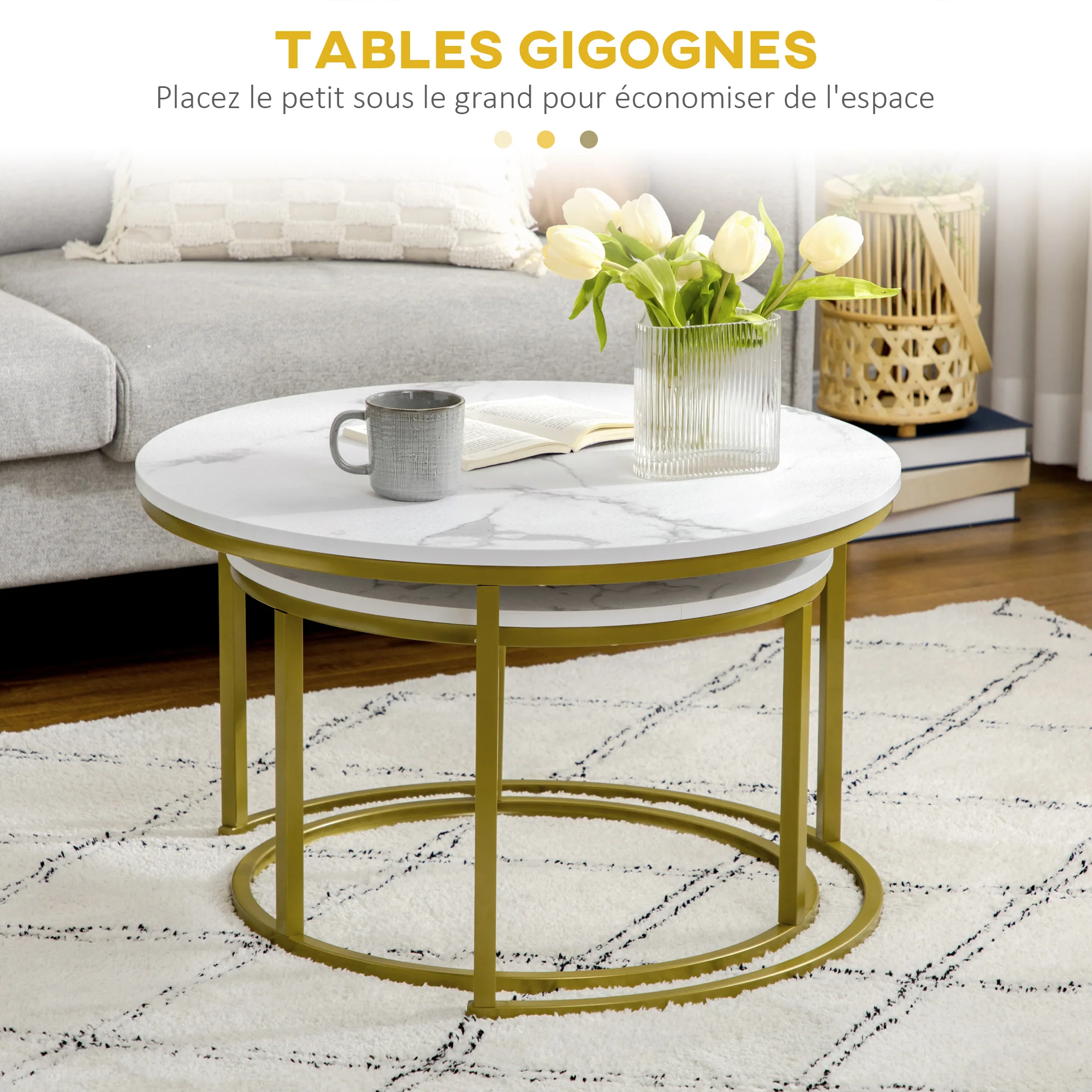 Lot de 2 tables basses gigognes tables rondes plateau blanc aspect marbre et pied en acier doré - Image 5